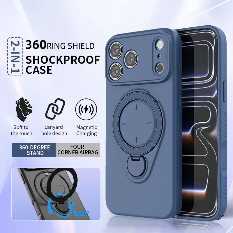 Magnetic Shockproof Case with 360-Degree Rotating Ring Stand for iPhone 17 Pro Max – Slim Protective Phone Cover with Airbag Corners and Wireless Charging Support for Home, Office, Travel and Daily Use (Blue)