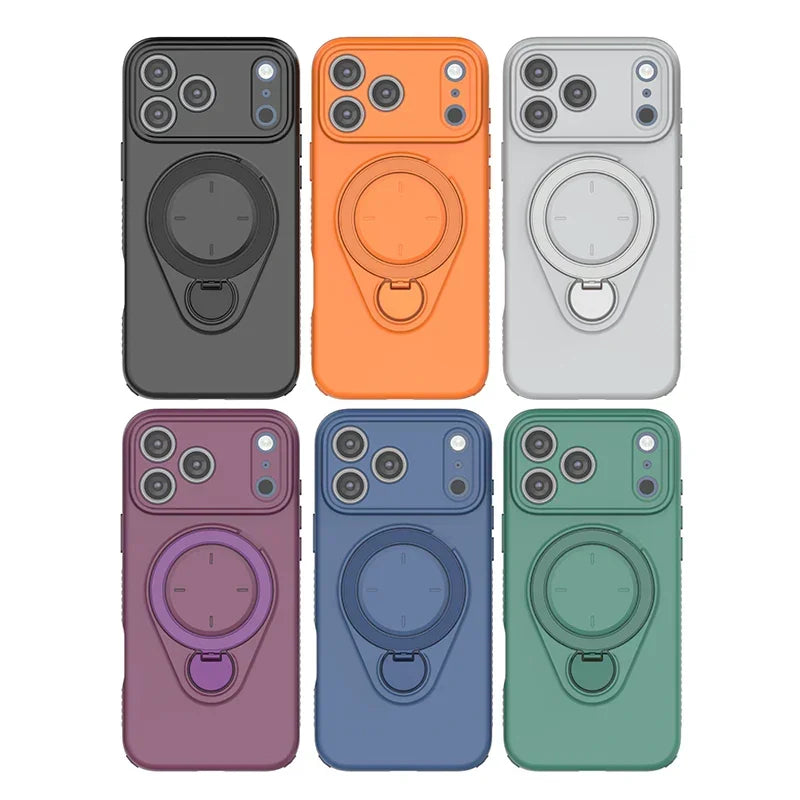 Magnetic Shockproof Phone Case with 360-Degree Rotating Ring Stand and Wireless Charging Support for iPhone 17 Pro – Slim Protective Cover Designed for Home Use, Office Work, Travel, Commuting and Everyday On-the-Go Lifestyle (Orange)