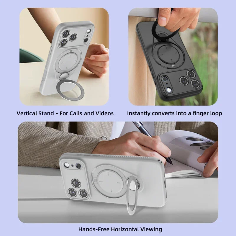 Magnetic Shockproof Phone Case with 360-Degree Rotating Ring Stand and Wireless Charging Support for iPhone 17 Pro – Slim Protective Cover Designed for Home Use, Office Work, Travel, Commuting and Everyday On-the-Go Lifestyle (Orange)
