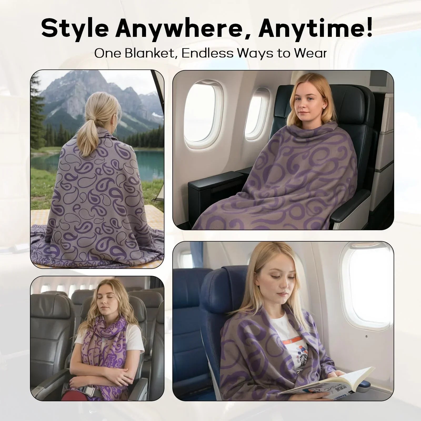 Premium Travel Blanket – Ultra-Soft Knit Wrap for Airplane, Car, Office Naps, and Gifts – Lightweight, Breathable, and Stylish with Storage Bag (Purple)