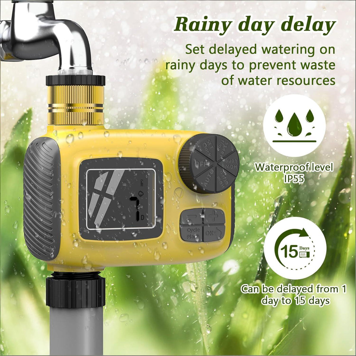 Smart Outdoor Watering Timer with Rain Delay & Manual Mode – Automatic Garden Irrigation Controller for Lawn, Patio, Pool and Vegetable Garden (Yellow)