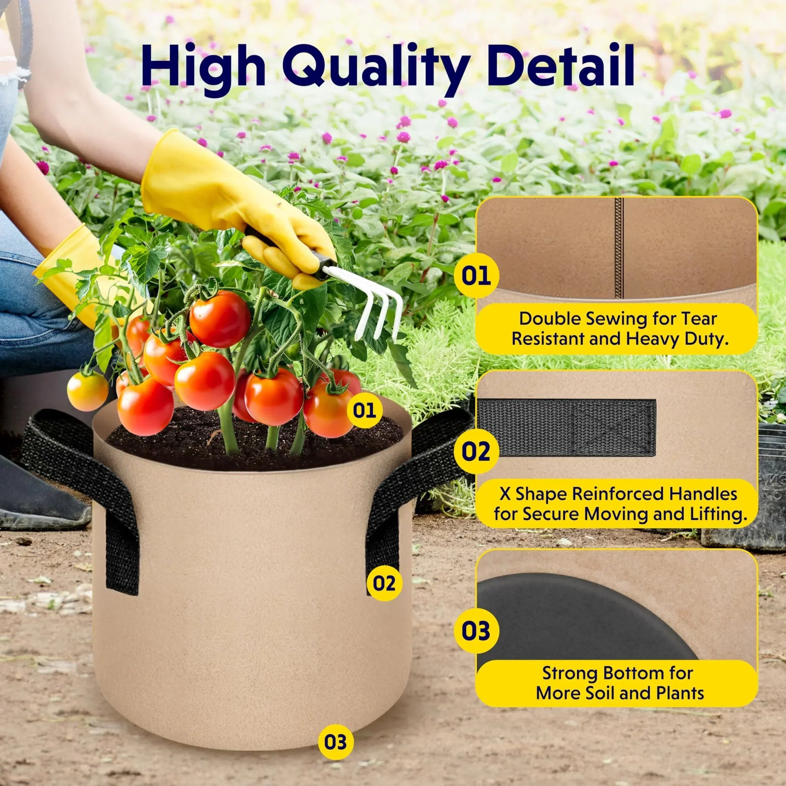 10-Pack 3-Gallon Fabric Grow Bags – Heavy-Duty Breathable Non-Woven Plant Pots with Handles for Vegetables, Herbs, Flowers (Camel)