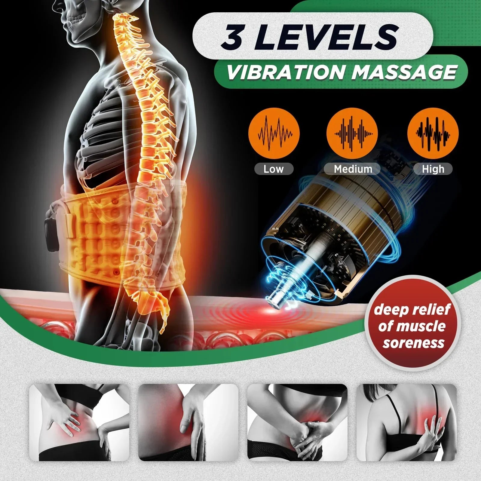 Inflatable Heating Massage Waist Belt with 3-Level Heat & Vibration – Cordless Back Support for Men and Women (Gray)