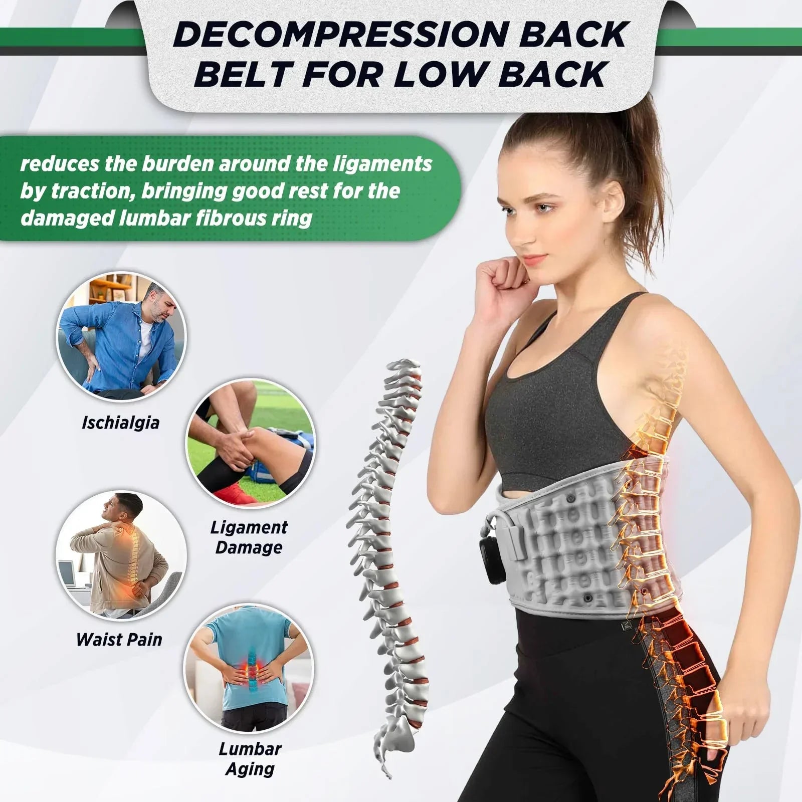 Inflatable Heating Massage Waist Belt with 3-Level Heat & Vibration – Cordless Back Support for Men and Women (Gray)