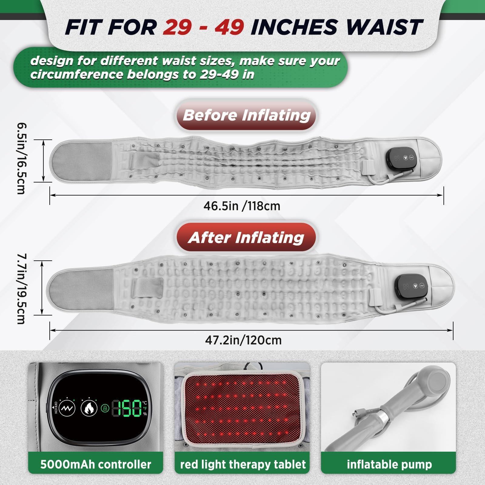 Inflatable Heating Massage Waist Belt with 3-Level Heat & Vibration – Cordless Back Support for Men and Women (Gray)