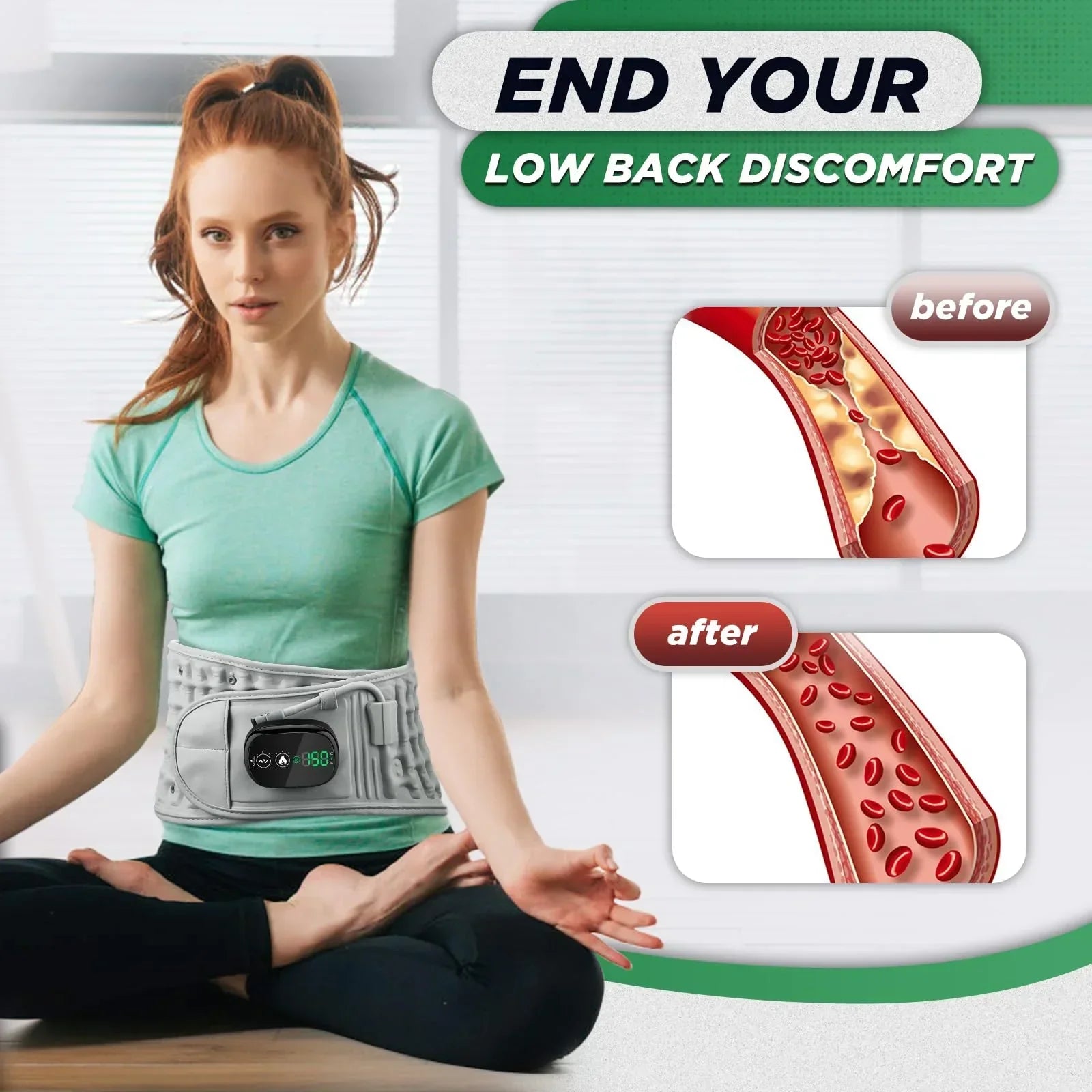 Inflatable Heating Massage Waist Belt with 3-Level Heat & Vibration – Cordless Back Support for Men and Women (Gray)