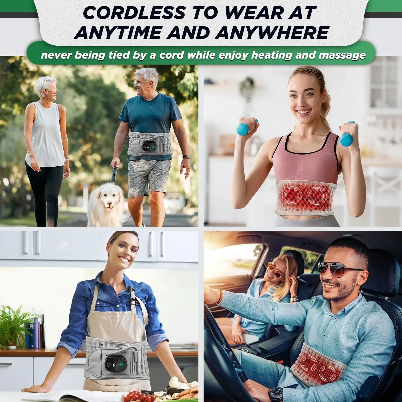 Inflatable Heating Massage Waist Belt with 3-Level Heat & Vibration – Cordless Back Support for Men and Women (Gray)