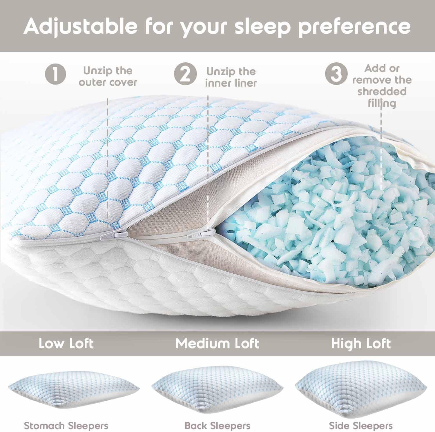 King Size Cooling Pillow with Shredded Memory Foam & Gel Infusion – Adjustable Loft, Breathable Dual-Sided Cover, 20