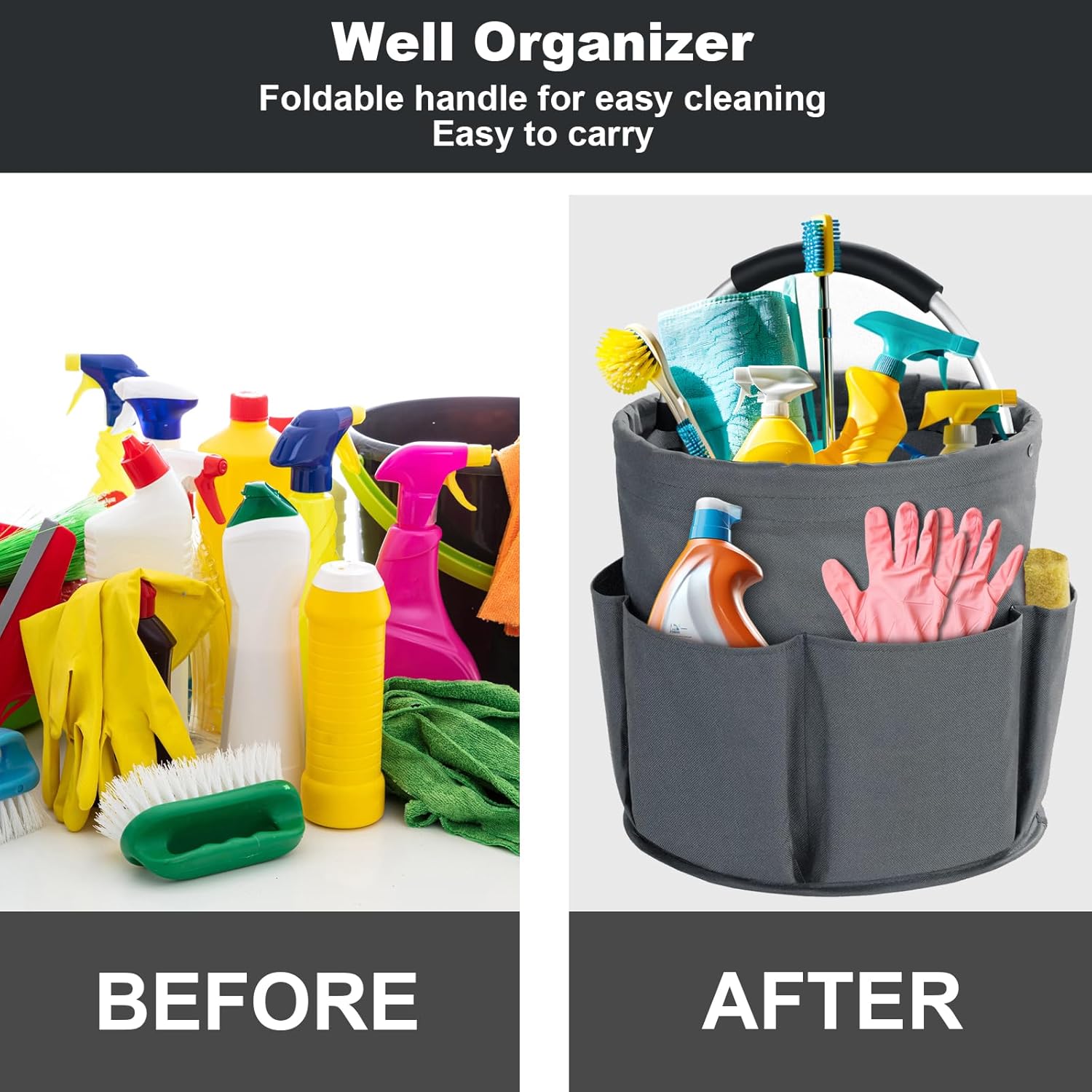 Grey Foldable Cleaning Caddy with 6 Outer Pockets: 17L Collapsible Storage Basket for Household, Bathroom, Picnic & Beach – Durable Oxford Cloth Organizer  | Other colors available in store