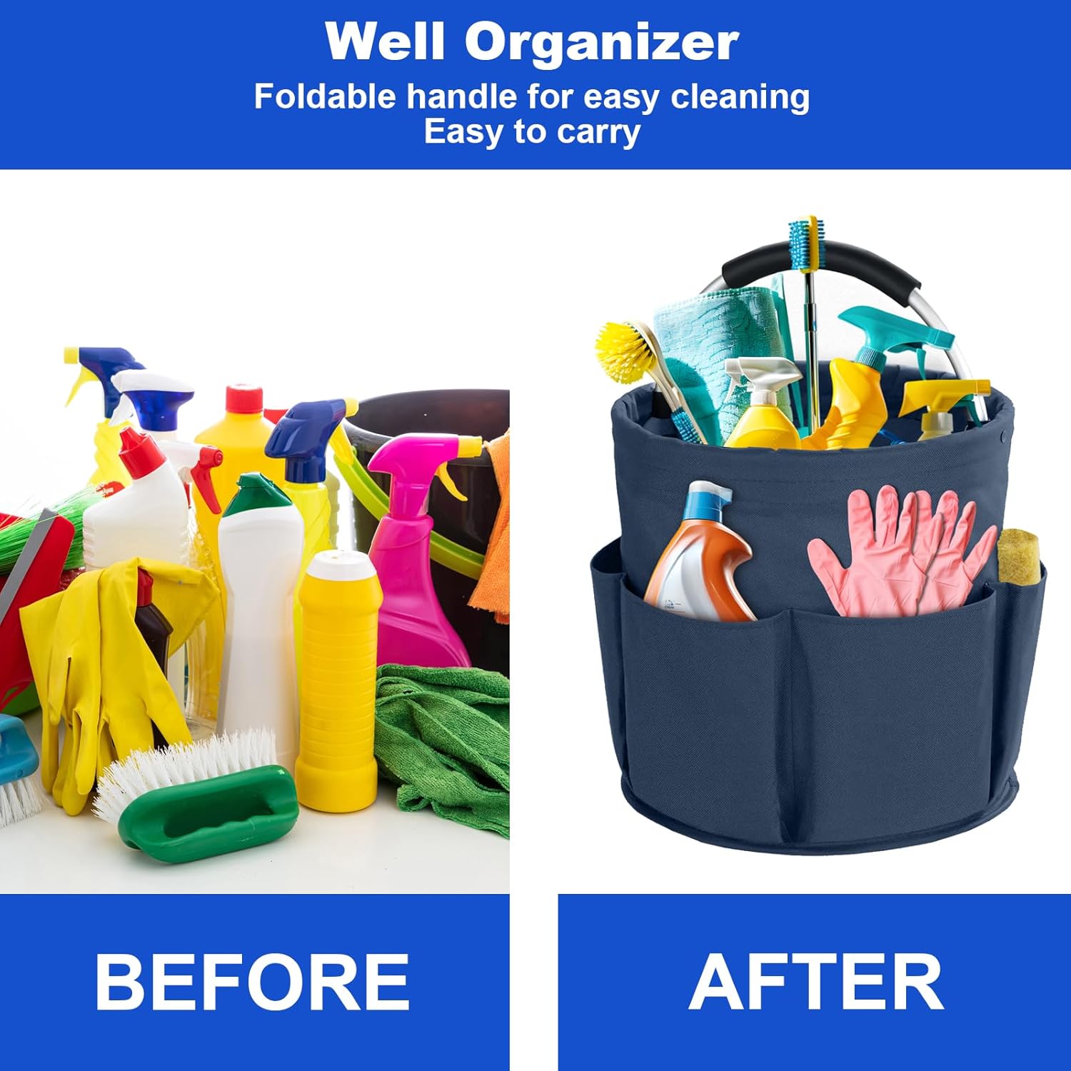 Blue Foldable Cleaning Caddy with 6 Outer Pockets: 17L Collapsible Storage Basket for Household, Bathroom, Picnic & Beach – Durable Oxford Cloth Organizer  | Other colors available in store