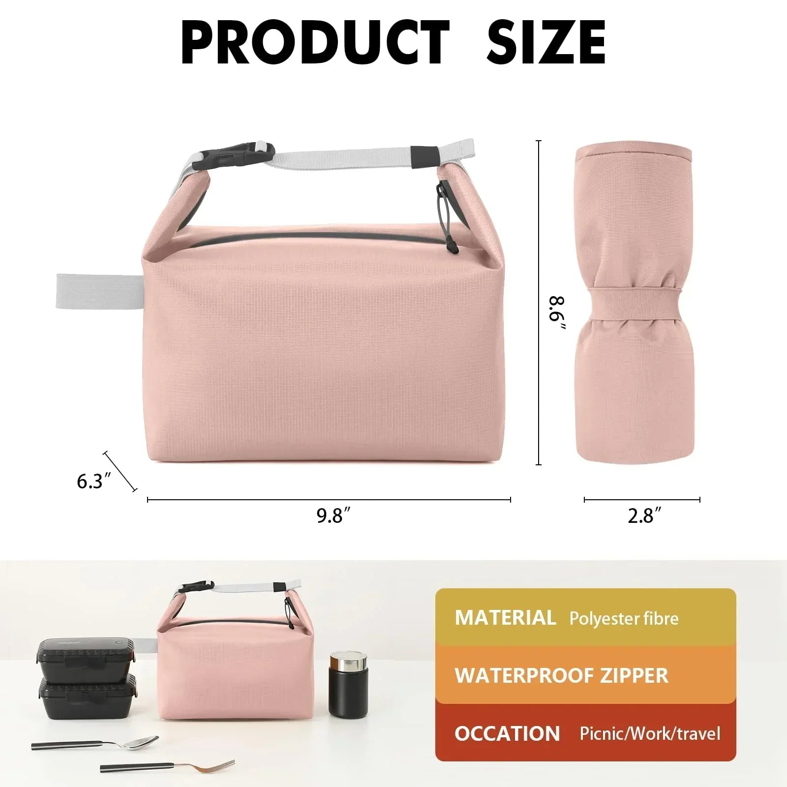 Foldable Lunch Bag – Reusable Insulated Cooler Tote with Waterproof Zipper, Leak-Proof Design, Lightweight & Compact, Ideal for Work, School, Picnic, Travel (Pink)