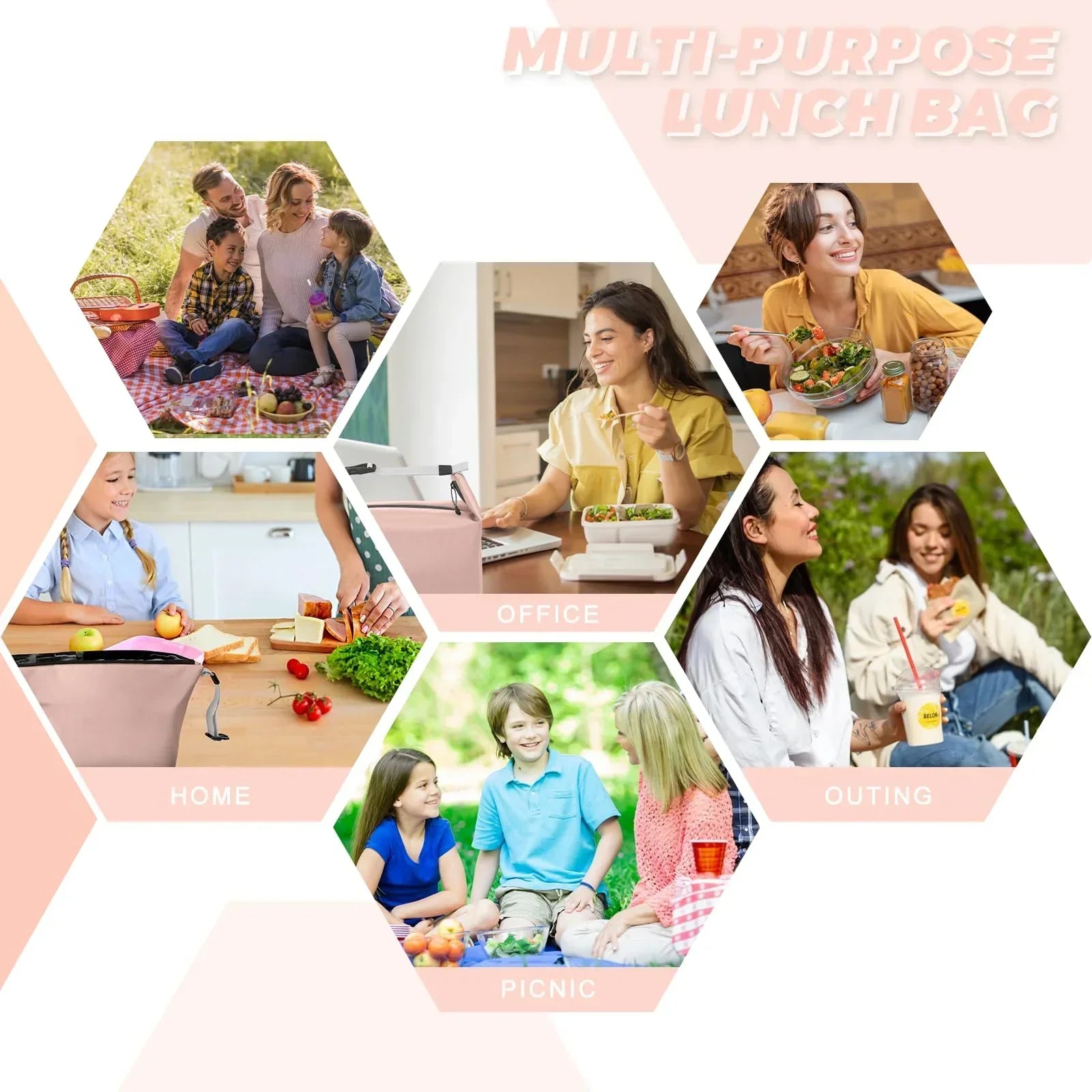 Foldable Lunch Bag – Reusable Insulated Cooler Tote with Waterproof Zipper, Leak-Proof Design, Lightweight & Compact, Ideal for Work, School, Picnic, Travel (Pink)