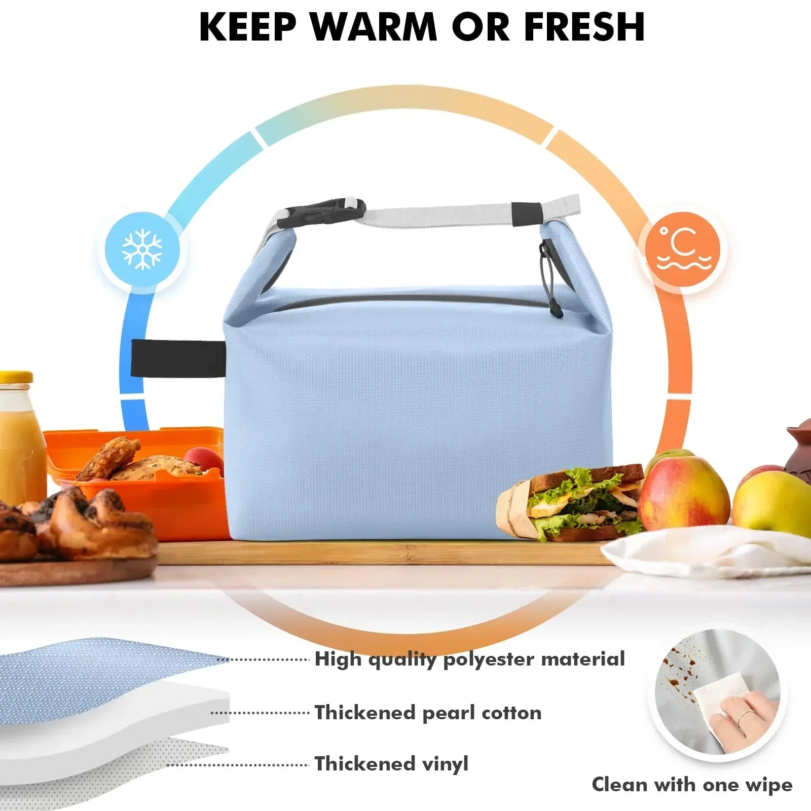 Foldable Lunch Bag – Reusable Insulated Cooler Tote with Waterproof Zipper, Leak-Proof Design, Lightweight & Compact, Ideal for Work, School, Picnic, Travel (Blue)