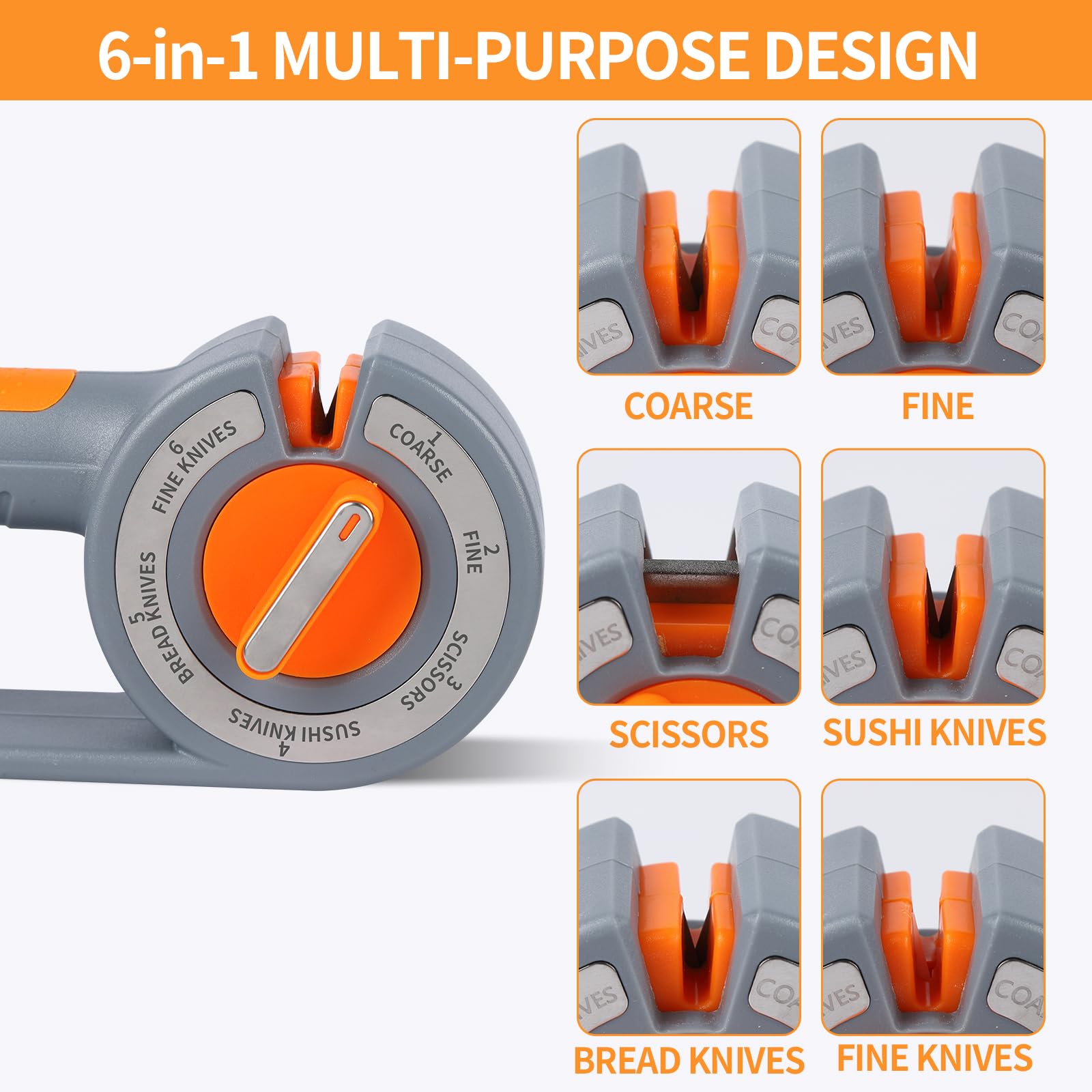6-in-1 Rotary Knife Sharpener – Adjustable Multi-Function Sharpener for Knives, Scissors, Sushi & Bread Knives, Fast & Easy Sharpening Tool for Home Kitchen Use (Gray)
