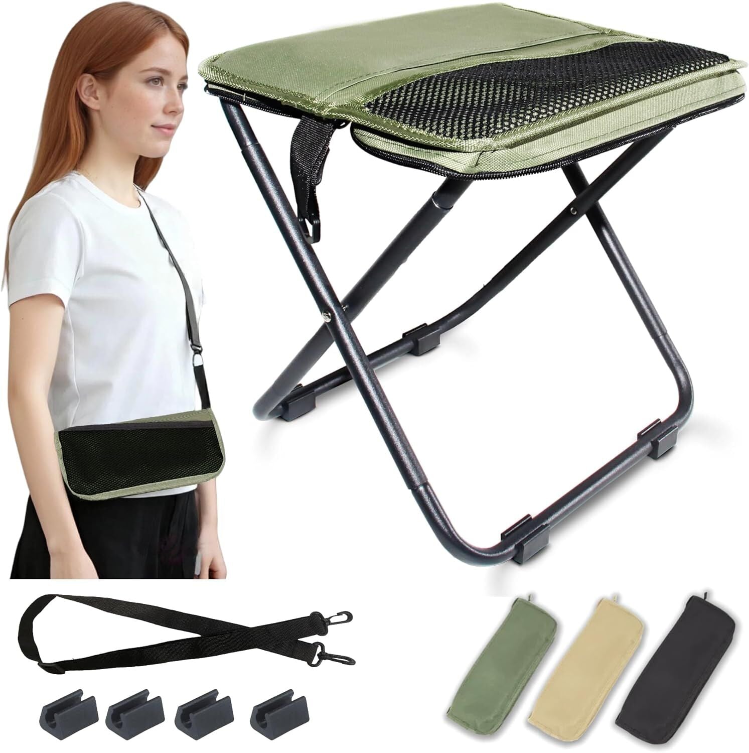 Green Portable Folding Chair – Compact Outdoor Stool for Camping, Fishing & Hiking | Lightweight Collapsible Seat with Carry Bag | Durable Steel Frame | Other Colours Available In-Store