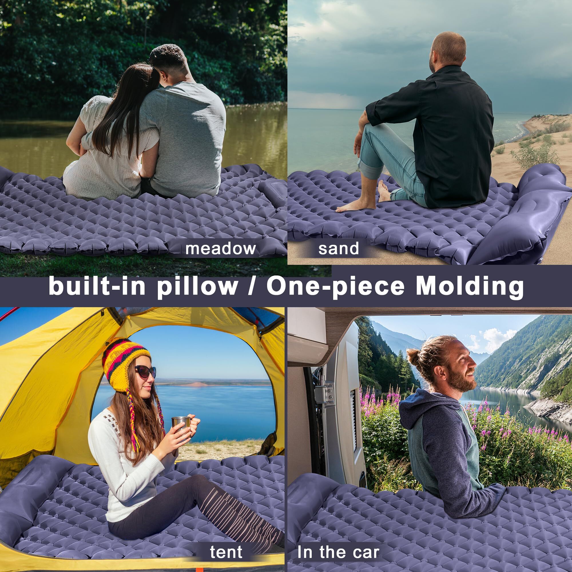 Double Camping Pad with Built-in Pillow: Foot Pump Inflatable Mattress for Tent/Backpacking – Ultralight, Foldable (Dark Blue)