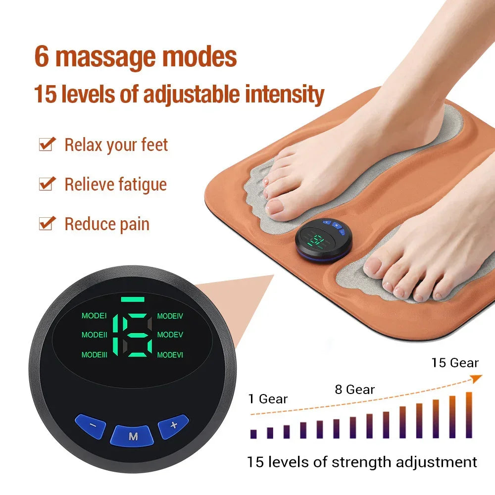 Smart Foot Massage Mat with 6 Modes & 15 Intensity Levels – Rechargeable Pulse Therapy Pad for Relaxation at Home, Office, or Travel (Orange)