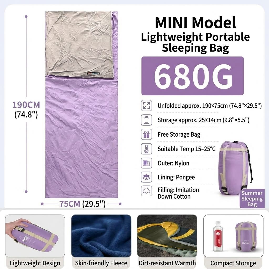 Ultralight 1.5lbs Sleeping Bag 50-70°F for Warm Weather
Waterproof nylon shell, breathable polyester fill, 2-way zipper for double bag use, machine washable, for teens & adults(Purple)