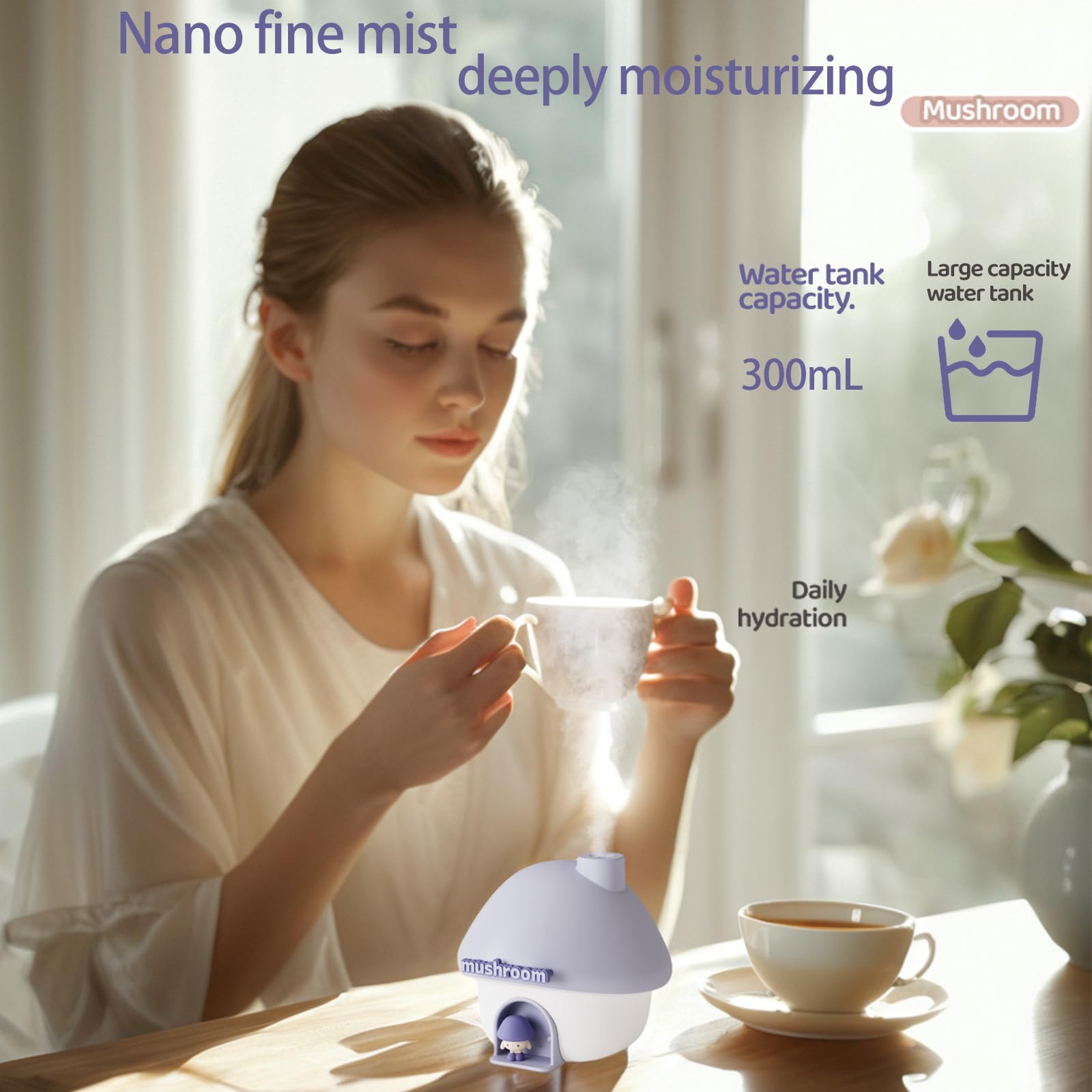 Portable Mushroom Humidifier with 7 Color Sunset Light, USB Rechargeable Mini Air Moisturizer for Desk, Bedroom, Travel, Baby Room – Silent & Cute Design Use(Purple)