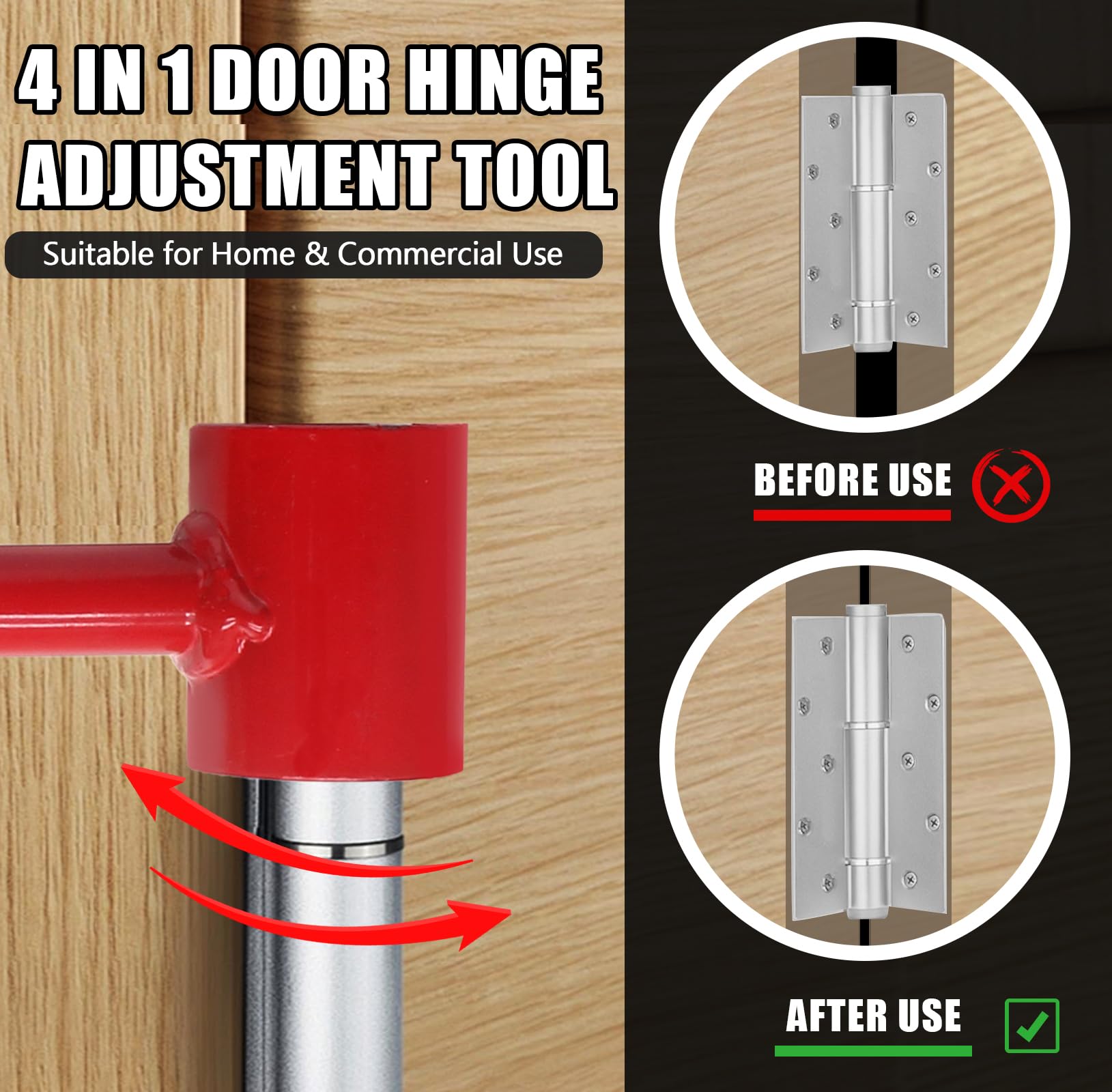 4-in-1 Door Hinge Adjustment Tool – Heavy-Duty Carbon Steel Wrench with Interchangeable Heads for 14mm/0.55" to 25mm/0.98" Hinges, 153mm/6.02" Length (Red)