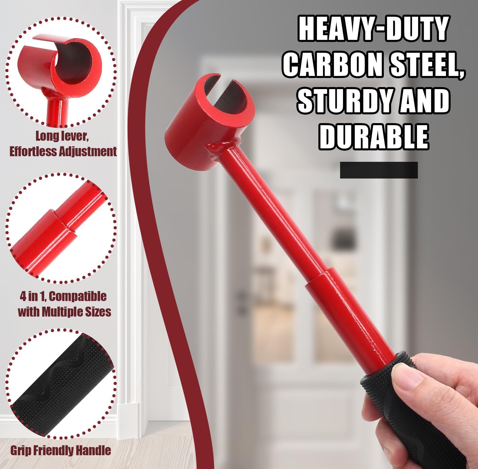 4-in-1 Door Hinge Adjustment Tool – Heavy-Duty Carbon Steel Wrench with Interchangeable Heads for 14mm/0.55" to 25mm/0.98" Hinges, 153mm/6.02" Length (Red)
