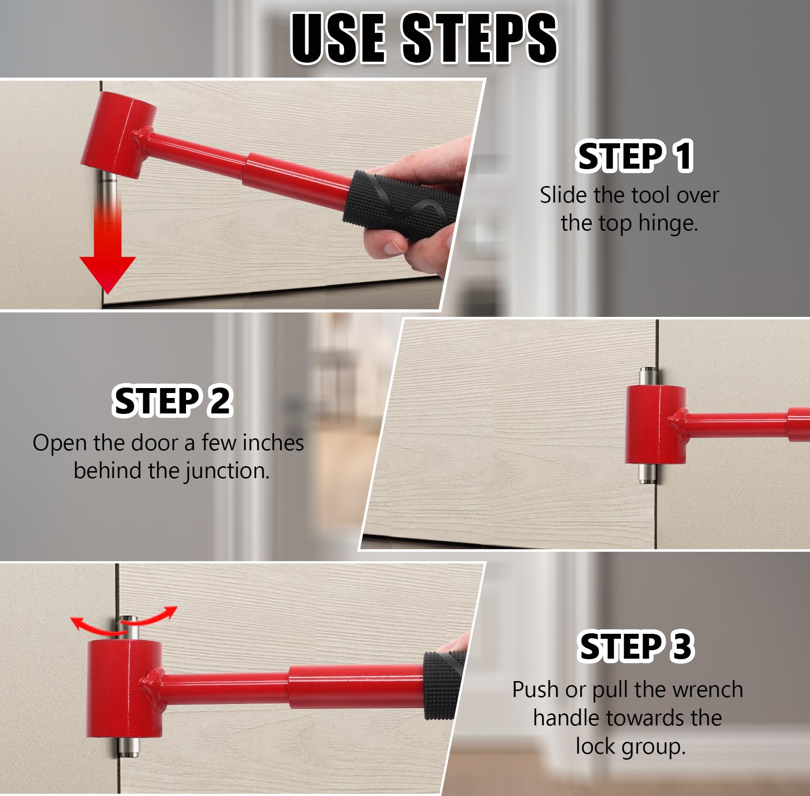 4-in-1 Door Hinge Adjustment Tool – Heavy-Duty Carbon Steel Wrench with Interchangeable Heads for 14mm/0.55" to 25mm/0.98" Hinges, 153mm/6.02" Length (Red)