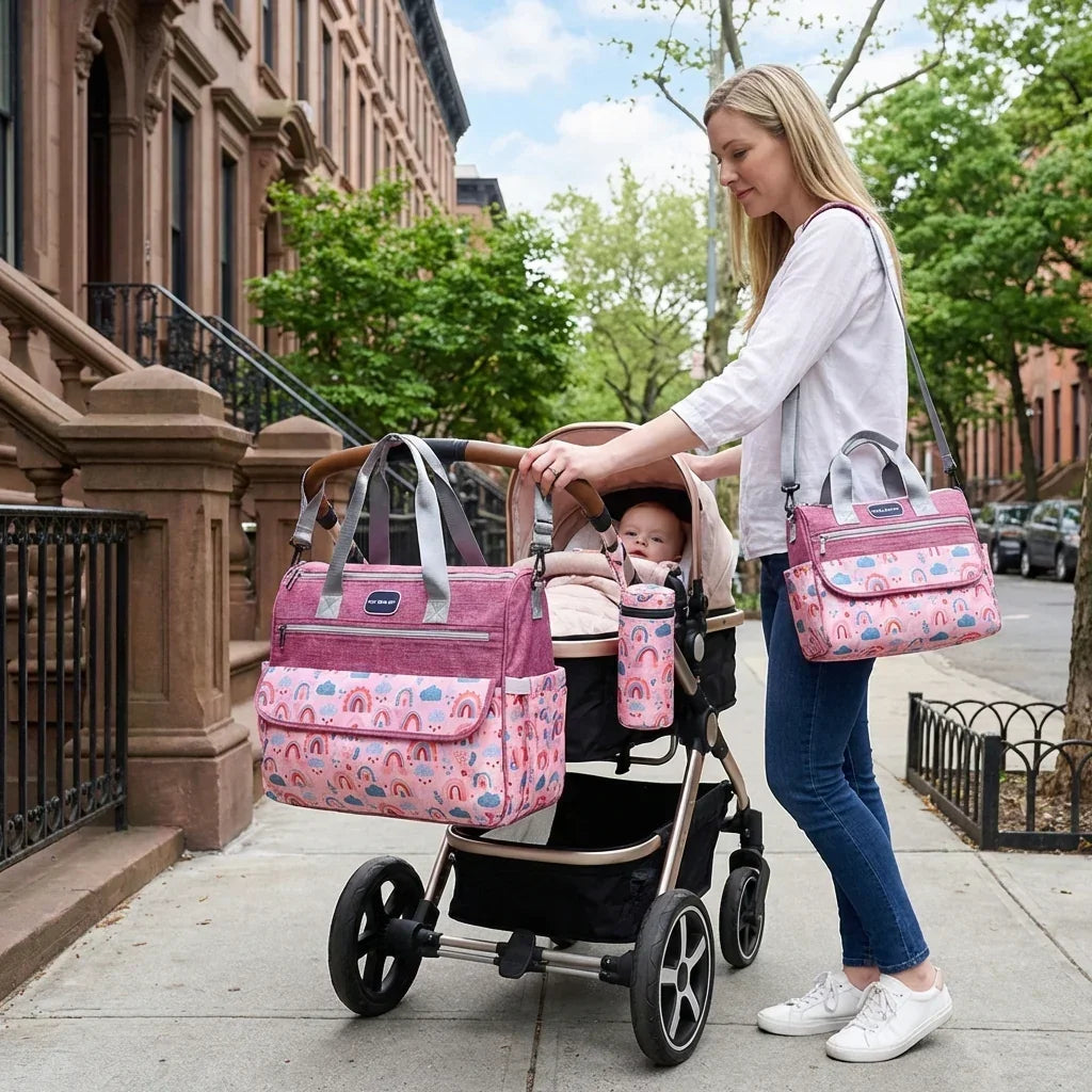Newborn Diaper Bag Set with Changing Pad – 4-Piece Baby Organizer, Large Capacity Mom Backpack, Insulated Bottle Sleeve & Lunch Bag, Travel Diaper Bag for Moms (Red)
