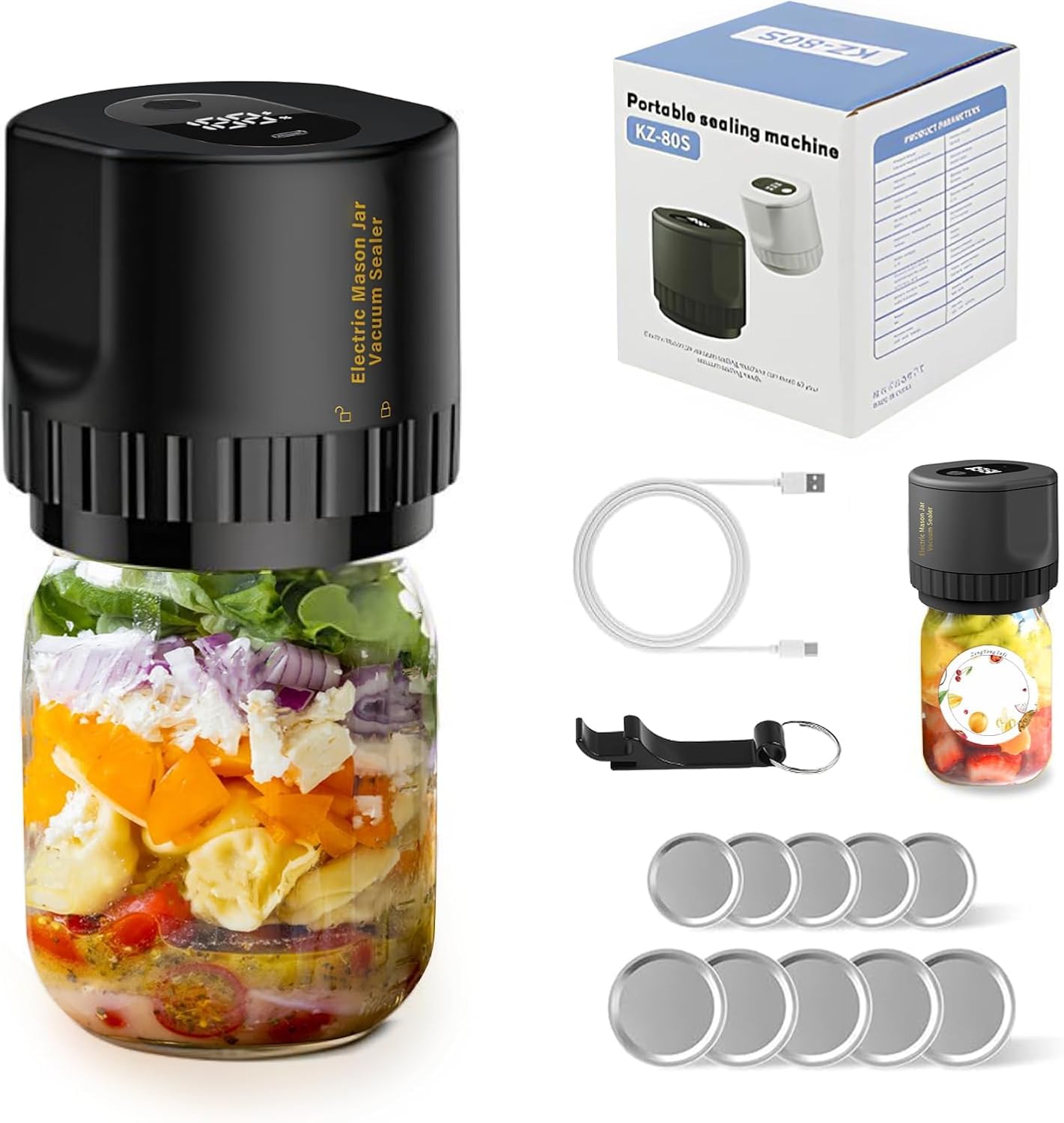 Black Electric Mason Jar Vacuum Sealer Kit – Portable Automatic Vacuum Sealing Machine with 80kPa Suction & Reusable Lids for Wide & Regular Mouth Jars