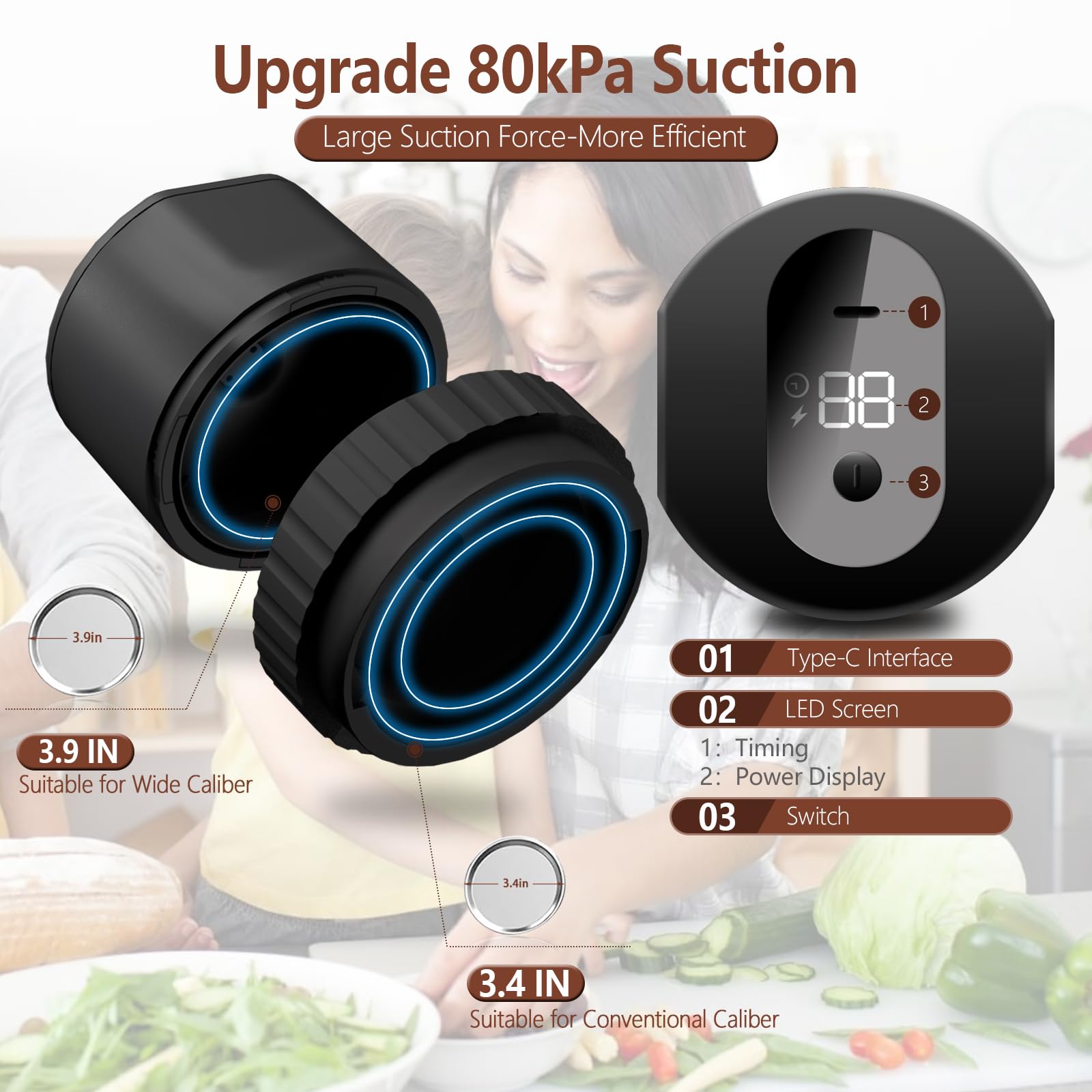 Black Electric Mason Jar Vacuum Sealer Kit – Portable Automatic Vacuum Sealing Machine with 80kPa Suction & Reusable Lids for Wide & Regular Mouth Jars