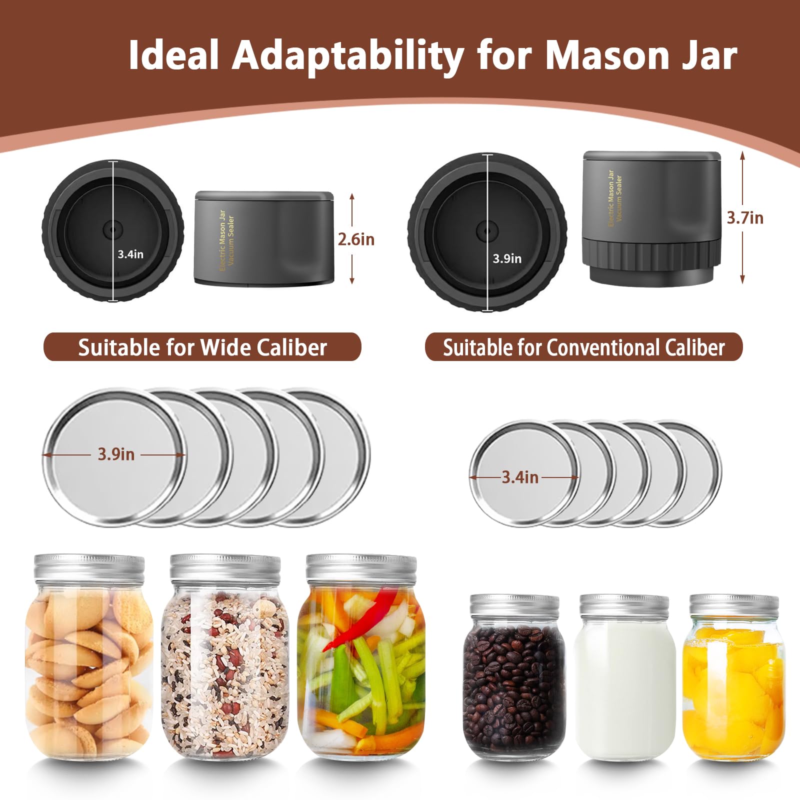 Black Electric Mason Jar Vacuum Sealer Kit – Portable Automatic Vacuum Sealing Machine with 80kPa Suction & Reusable Lids for Wide & Regular Mouth Jars