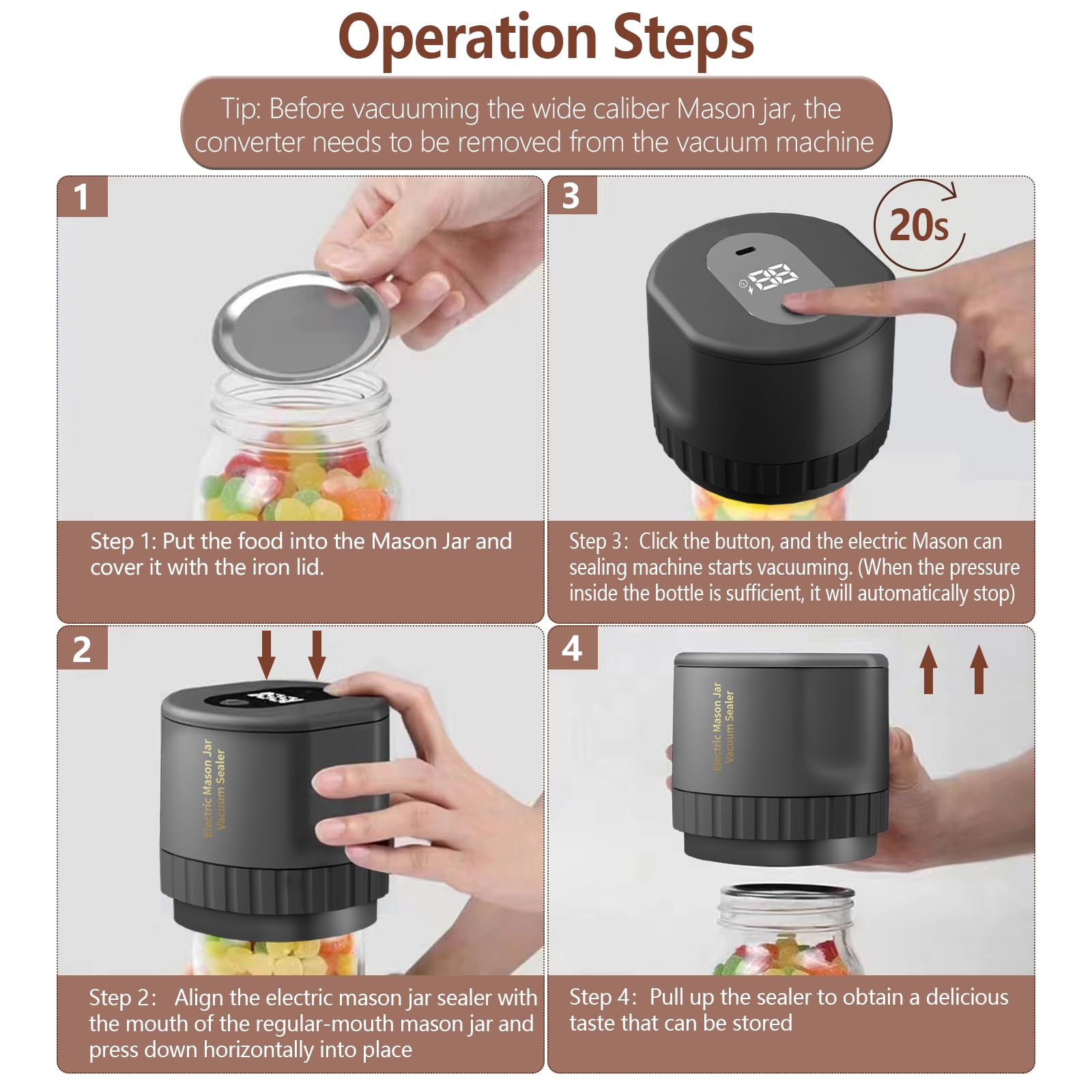 Black Electric Mason Jar Vacuum Sealer Kit – Portable Automatic Vacuum Sealing Machine with 80kPa Suction & Reusable Lids for Wide & Regular Mouth Jars