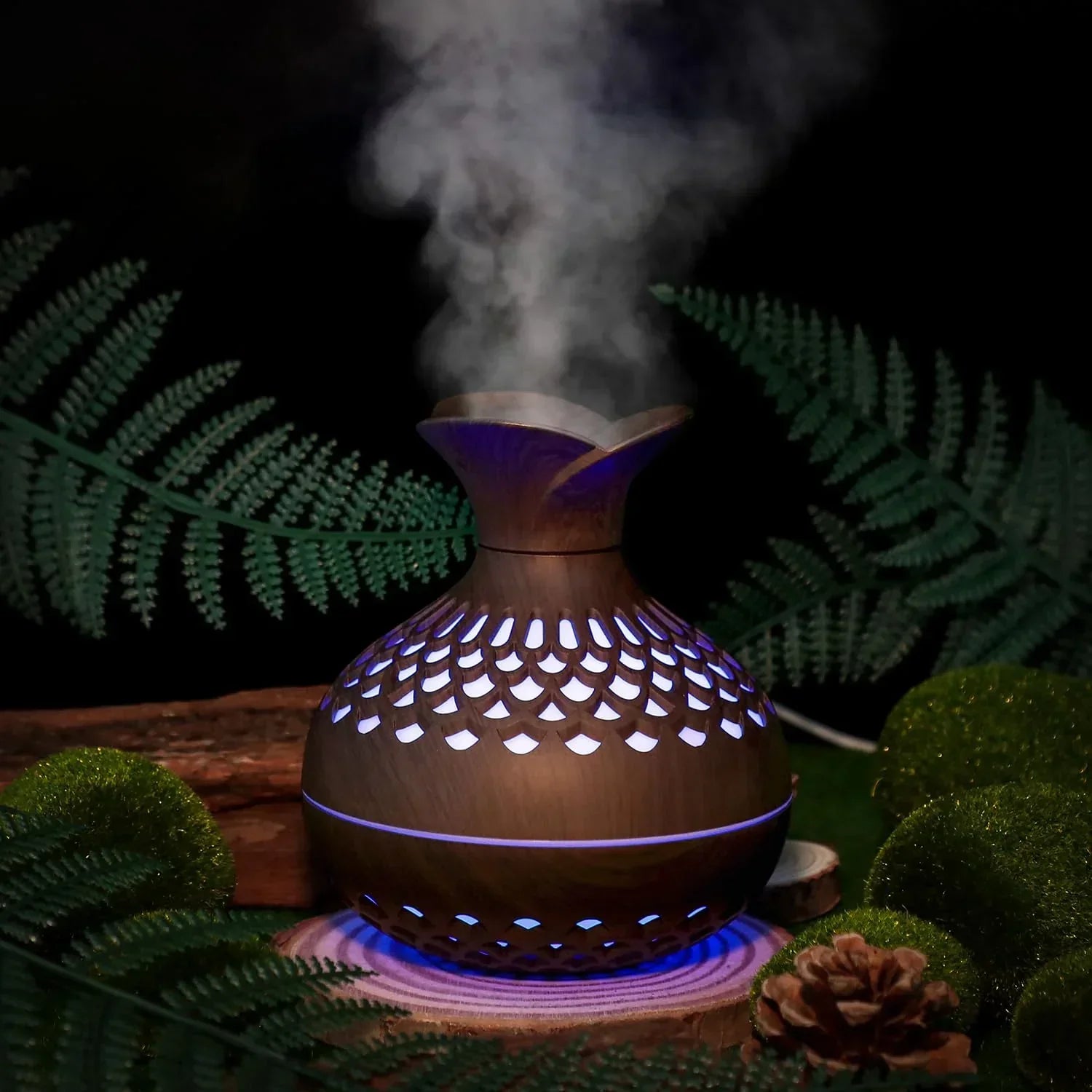 Portable USB Humidifier with 7-Color LED Night Light – Wood Grain Flower Design, Quiet Cool Mist Diffuser for Home, Office & Car (DarkWood)