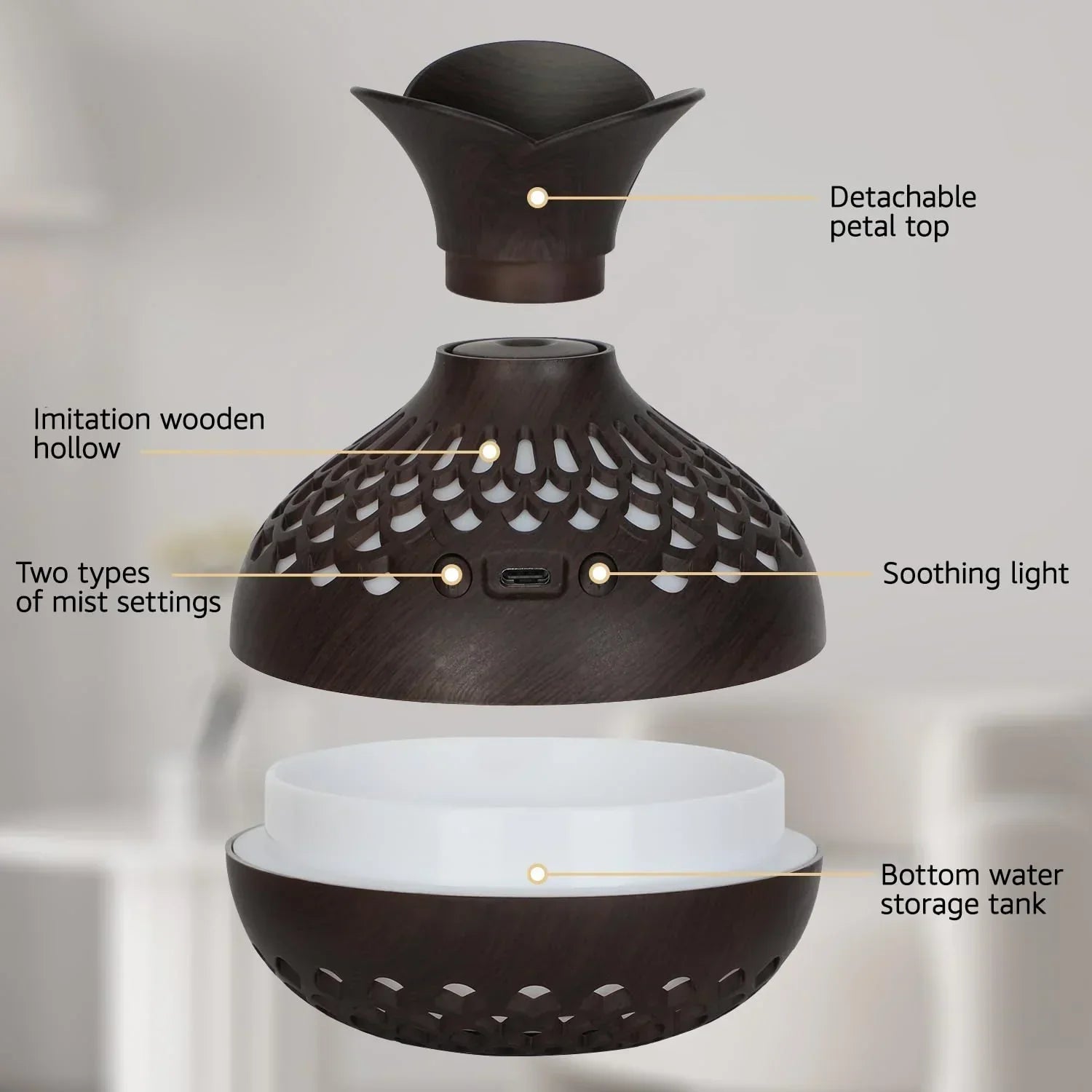 Portable USB Humidifier with 7-Color LED Night Light – Wood Grain Flower Design, Quiet Cool Mist Diffuser for Home, Office & Car (DarkWood)
