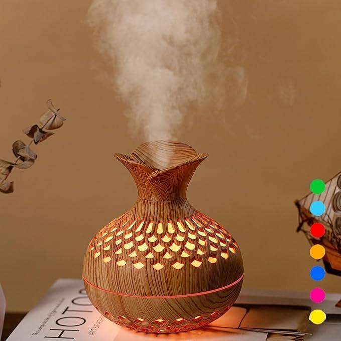 Portable USB Humidifier with 7-Color LED Night Light – Wood Grain Flower Design, Quiet Cool Mist Diffuser for Home, Office & Car (Lightwood)