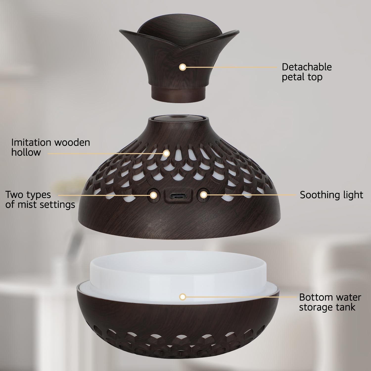 Portable USB Humidifier with 7-Color LED Night Light – Wood Grain Flower Design, Quiet Cool Mist Diffuser for Home, Office & Car (Lightwood)