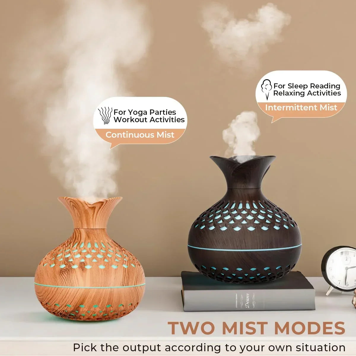 Portable USB Humidifier with 7-Color LED Night Light – Wood Grain Flower Design, Quiet Cool Mist Diffuser for Home, Office & Car (Lightwood)