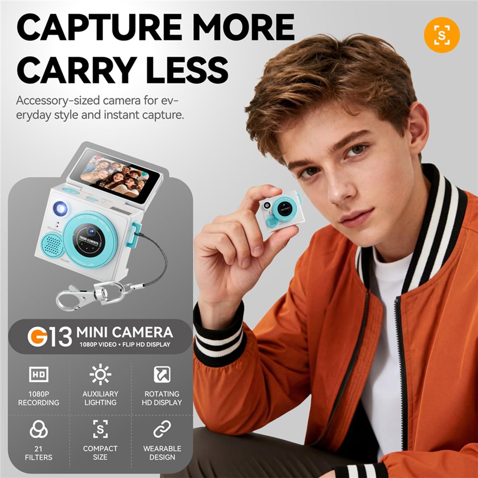 Sized Double Lens Camera with 32GB Memory Card, Green
Double Lens Miniature Thumb Camera with Reversible Display and 21 for Selfie Action Photography(Yellow)