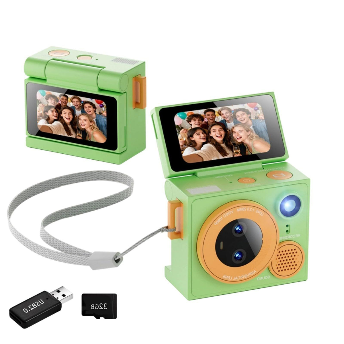 Sized Double Lens Camera with 32GB Memory Card, Green
Double Lens Miniature Thumb Camera with Reversible Display and 21 for Selfie Action Photography(Green)