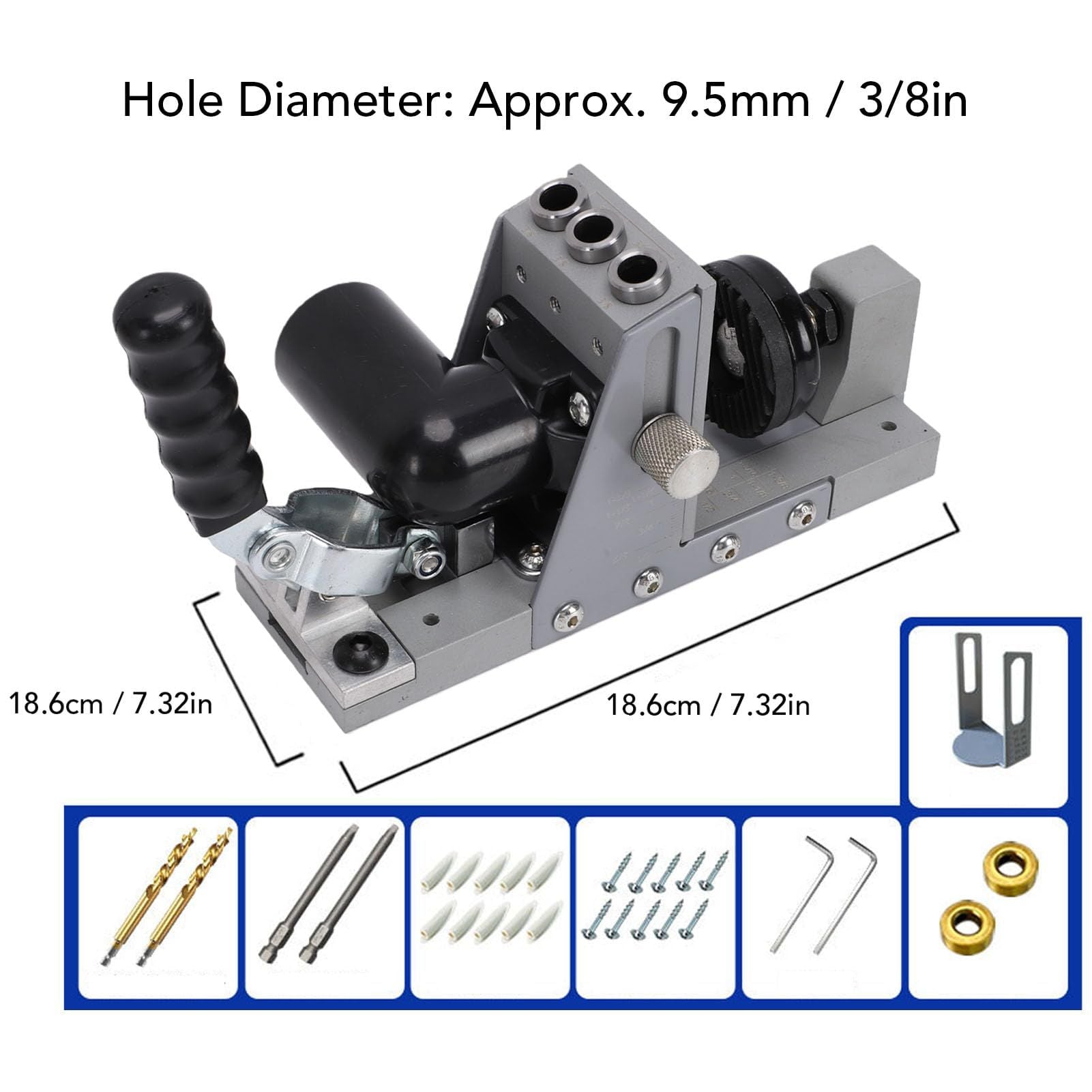 Pocket Hole Jig Kit, 15° Pocket Screw Jig, Single-Side Operation, with 3/8" Step Drill Bit, Depth Collar & Vacuum Adapter for Woodworking(gray)
