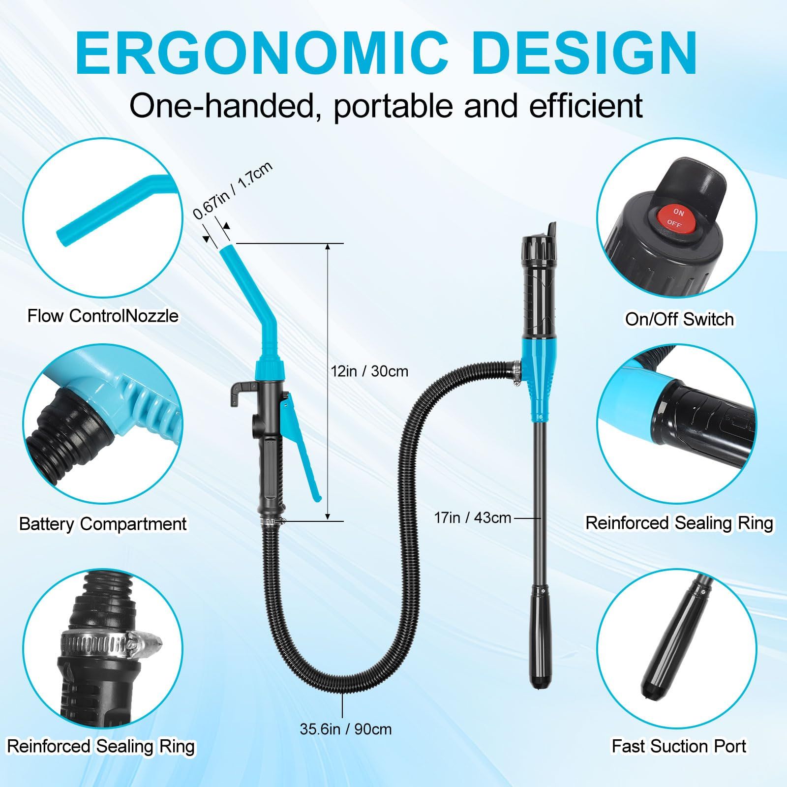 Portable Fuel Transfer Pump - 2.4 GPM Battery Powered Siphon Pump,Siphon Pump for Gasoline,for Fuel, Oil & Water, with Powerful Suction Ergonomic Nozzle 39 Inches Hose（Blue）