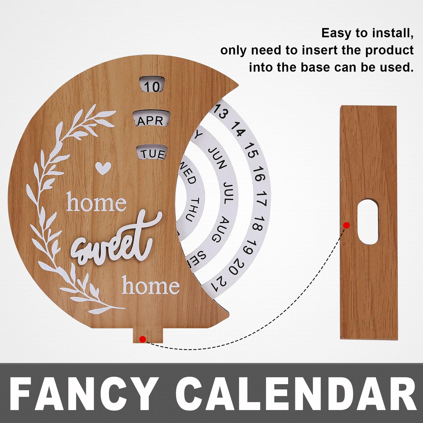 Wooden Perpetual Calendar with Rotating Discs – Elegant Desk Decor for Home & Office, “Home Sweet Home” Design (Natural Wood)