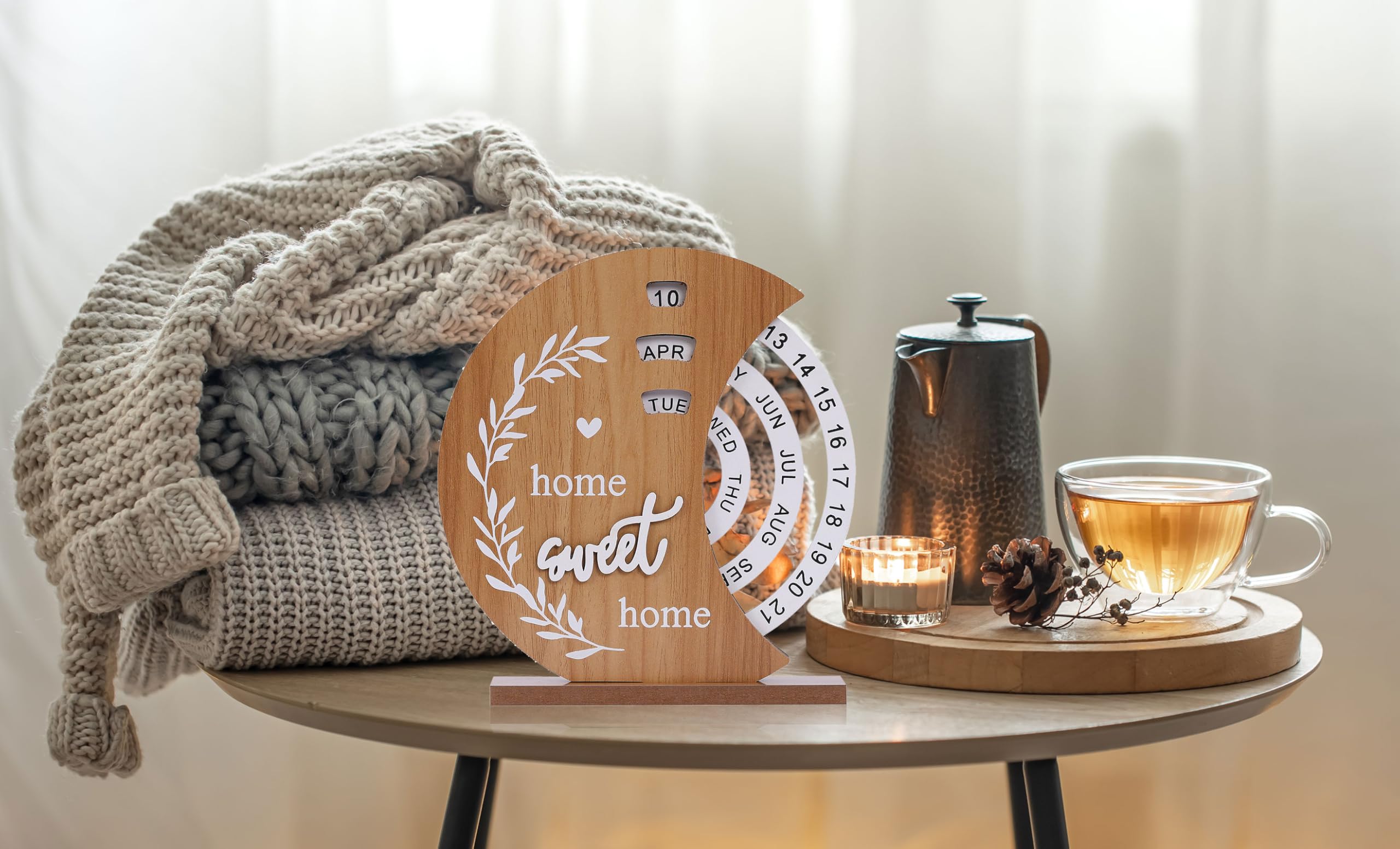 Wooden Perpetual Calendar with Rotating Discs – Elegant Desk Decor for Home & Office, “Home Sweet Home” Design (Natural Wood)