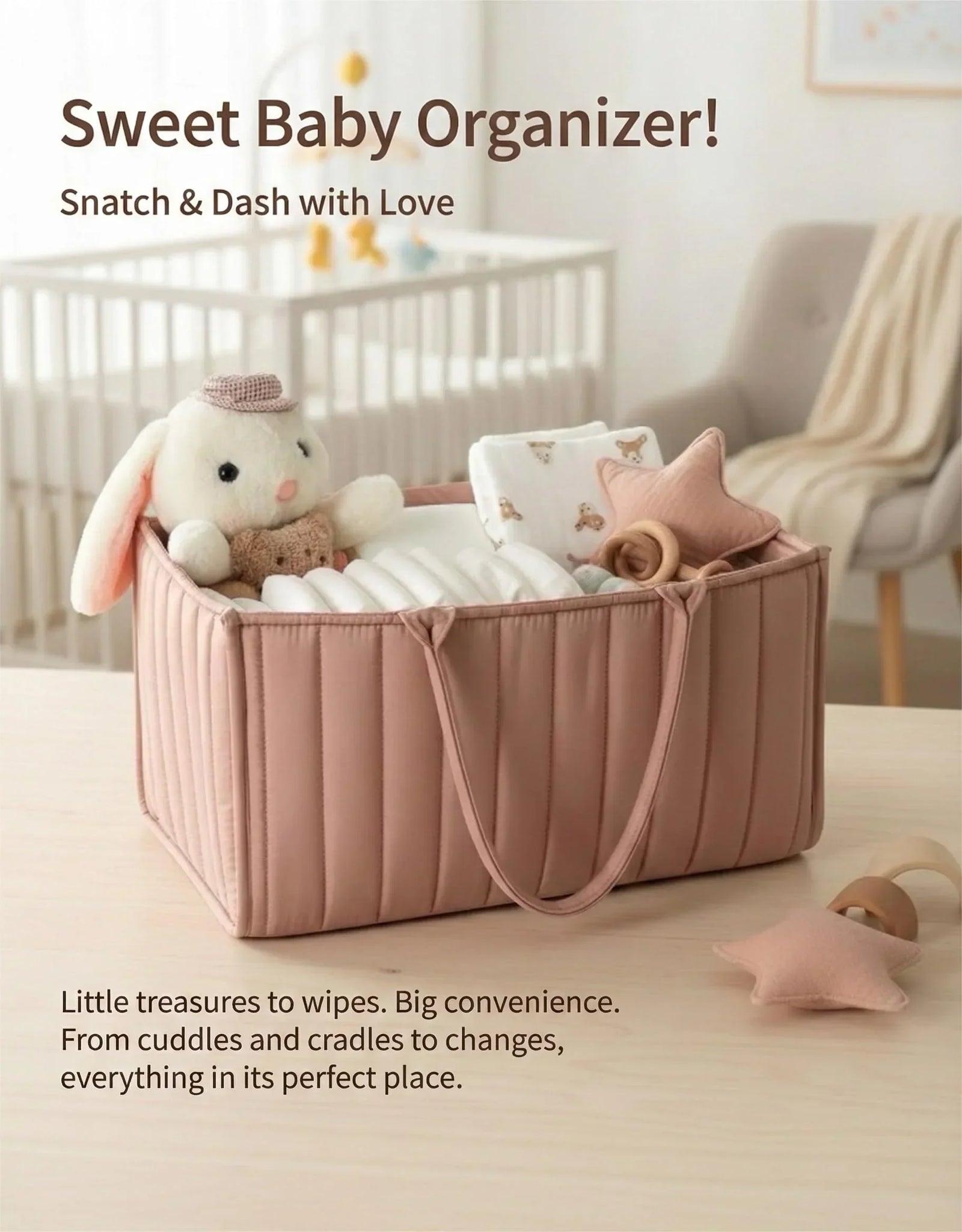 Large Baby Diaper Caddy Organizer – Stylish Storage Basket for Nursery, Changing Table & Travel – Portable Urn for Diapers, Wipes, Toys & Essentials (Pink)