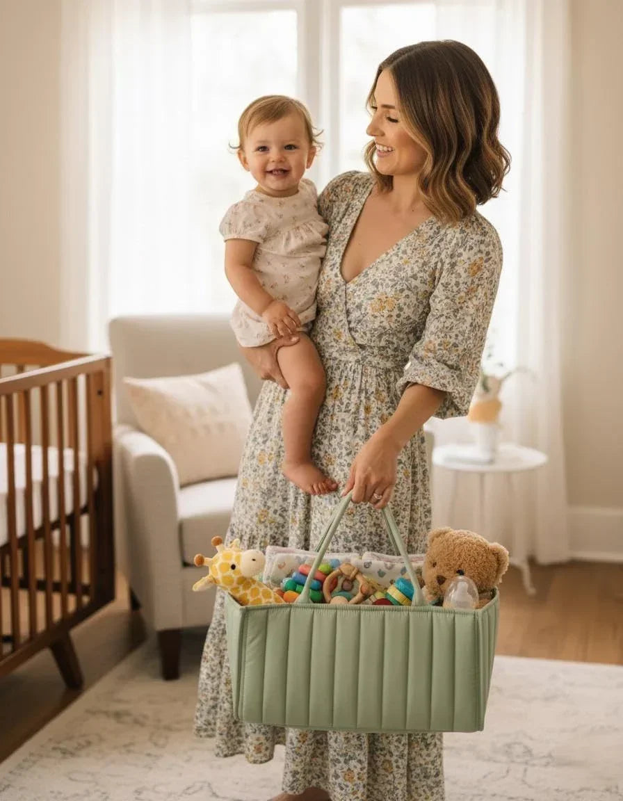 Large Baby Diaper Caddy Organizer – Stylish Storage Basket for Nursery, Changing Table & Travel – Portable Urn for Diapers, Wipes, Toys & Essentials (Green)