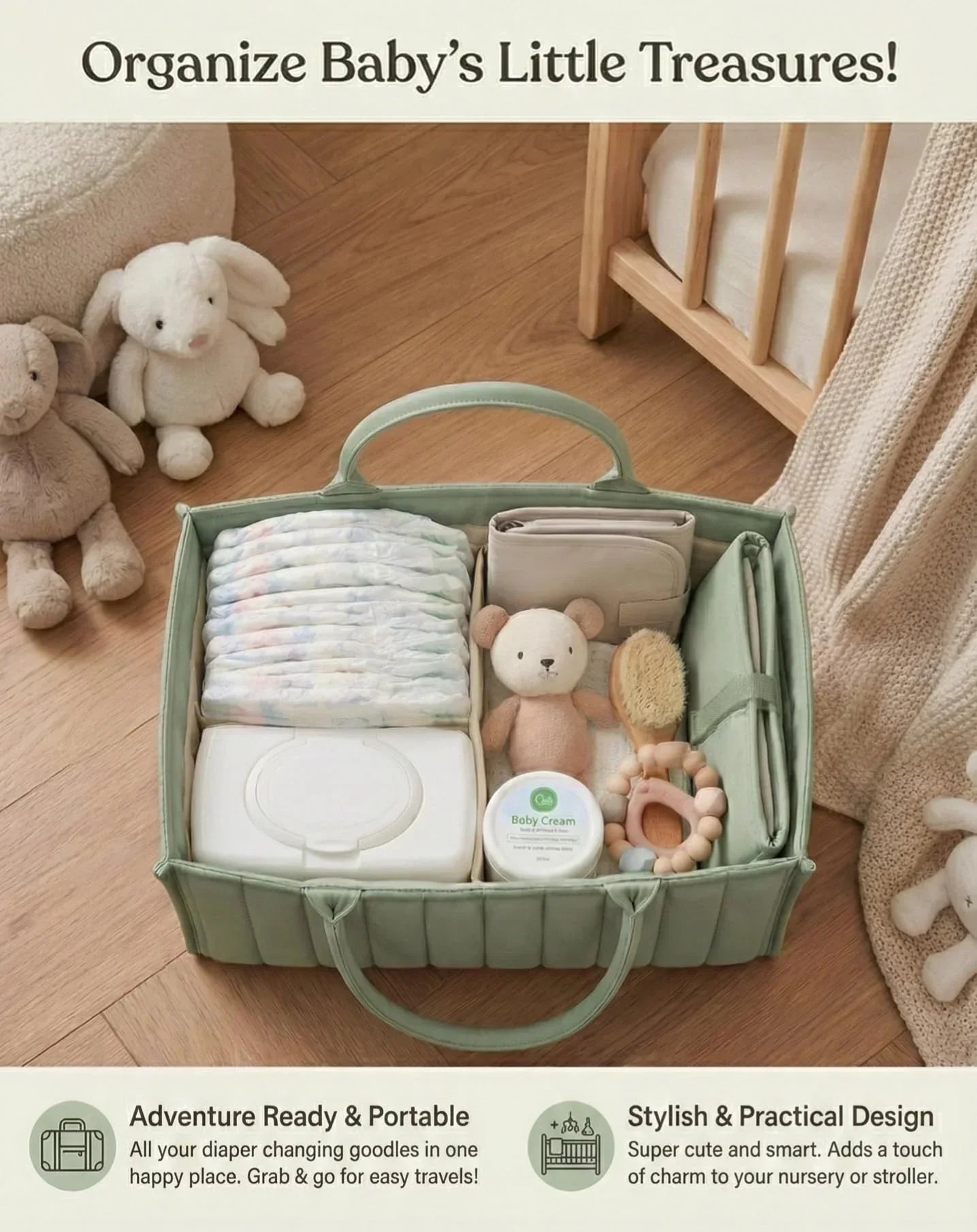 Large Baby Diaper Caddy Organizer – Stylish Storage Basket for Nursery, Changing Table & Travel – Portable Urn for Diapers, Wipes, Toys & Essentials (Green)