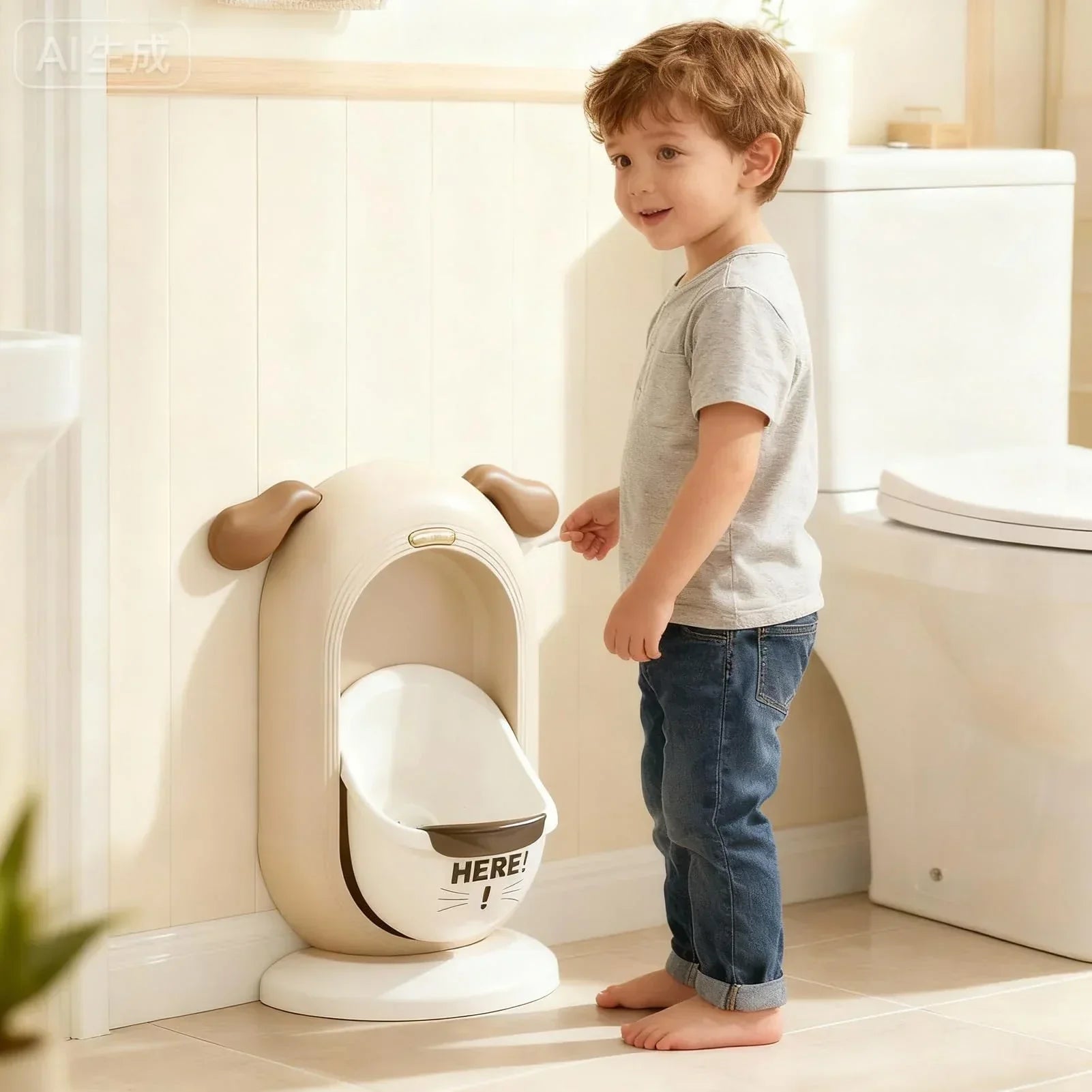 Wall-Mounted Kids Urinal for Boys – Adjustable Height Training Potty with Cute Cartoon Design, Anti-Splash, Easy to Clean, Portable Toilet for Home, Nursery, Travel (Beige)