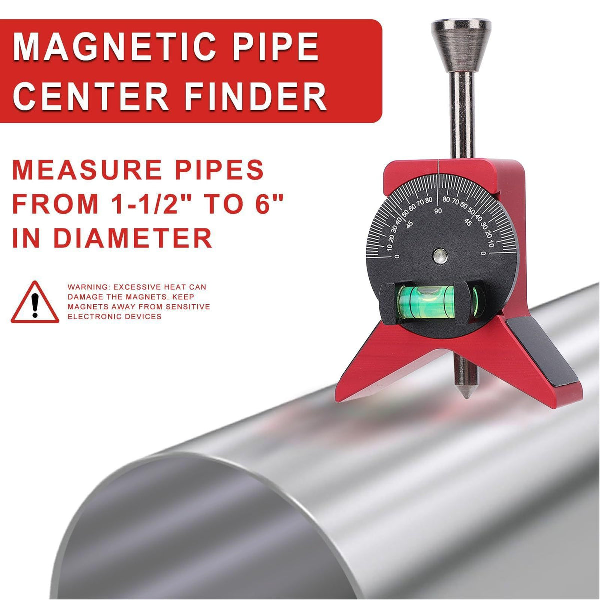 Pipe Center Finder, Y Shaped Stainless Steel Magnetic Pipe Marker Centering Tool Multifunctional Pipefitter Tools with Adjustable Dial Bubble Protractor(red)