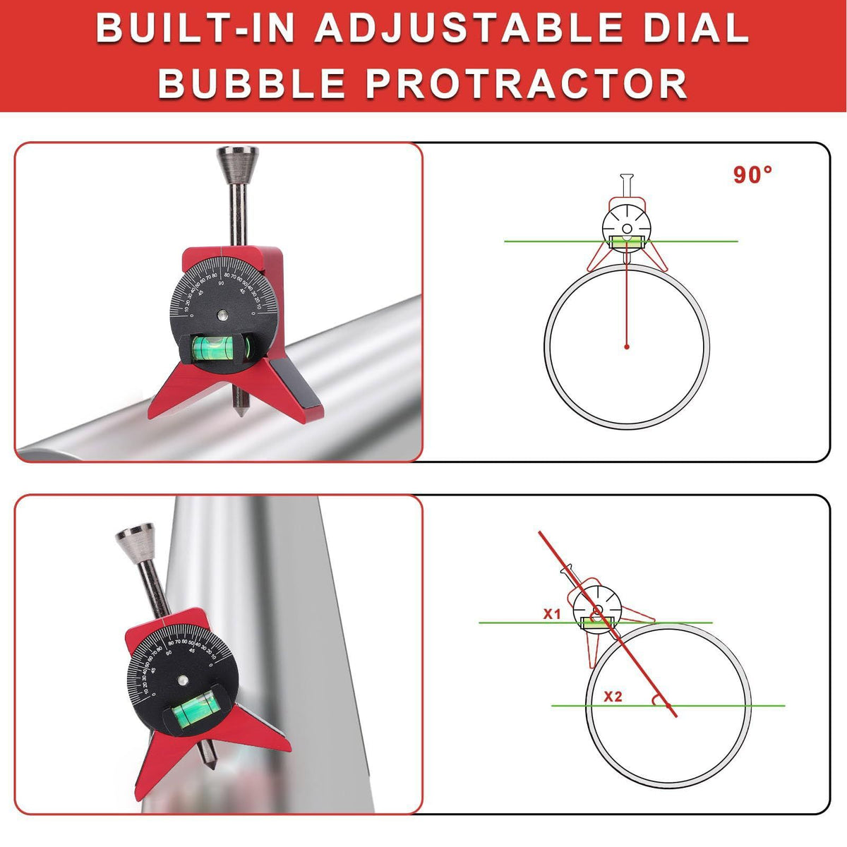 Pipe Center Finder, Y Shaped Stainless Steel Magnetic Pipe Marker Centering Tool Multifunctional Pipefitter Tools with Adjustable Dial Bubble Protractor(red)