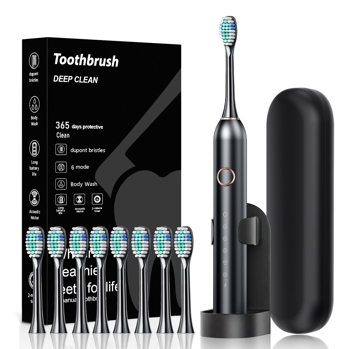 Electric Toothbrush for Adults & Kids, Rechargeable Electric Toothbrush for Ages 12+ and Adults, with 8 Brush Heads, Storage Box & Charging Stand, Up to 180 Days Battery Life(black)