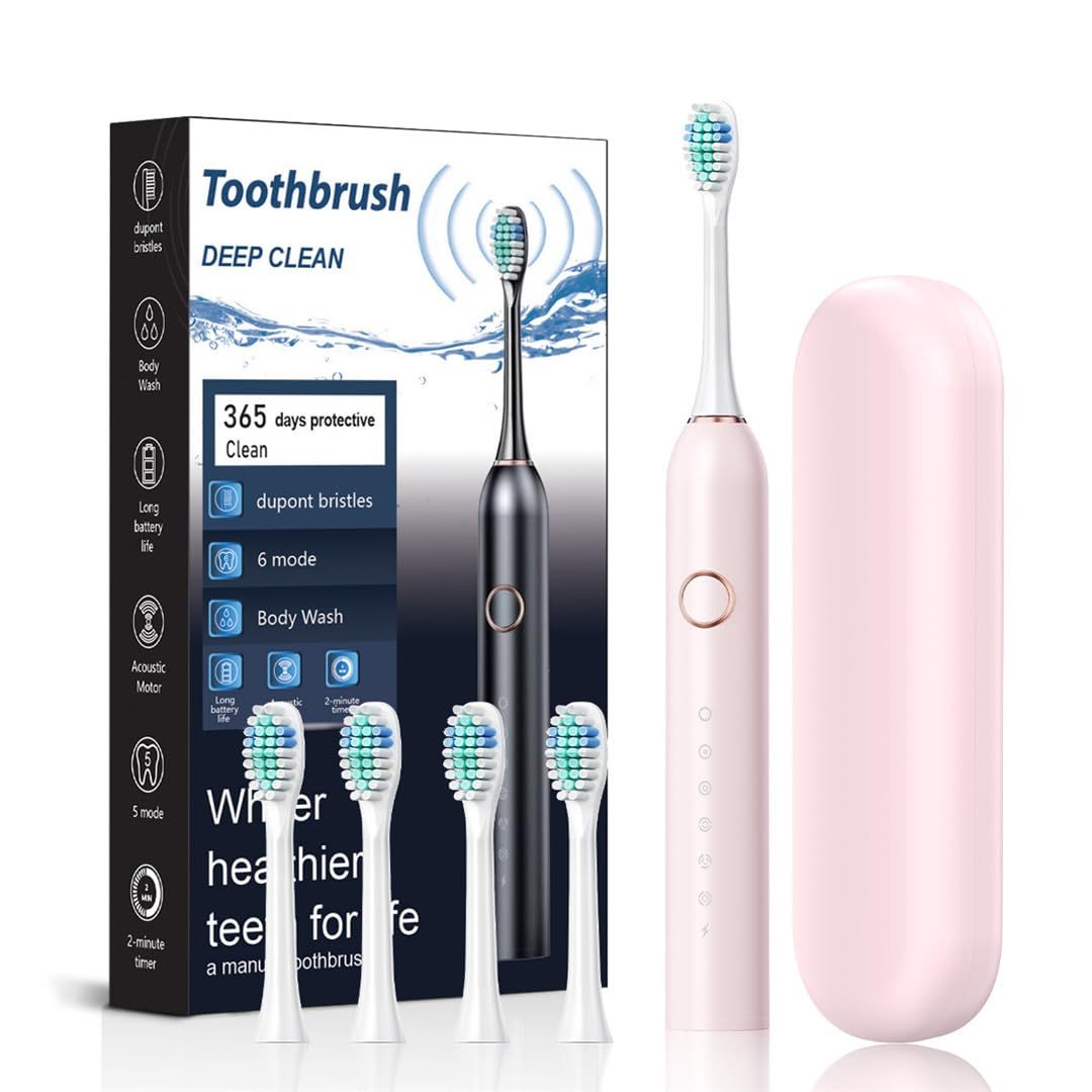 Adult Electric Toothbrush, Soft Bristle, 6 Modes, 4 Brush Heads, 2-Minute Timer, IPX7 Waterproof, USB Rechargeable with Travel Case, for Sensitive Gums(Pink)